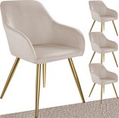Chaise de salle à manger tectake® Marilyn - Set de 4 - Avec accoudoirs - Élégante chaise avec assise rembourrée aspect velours - Tapissée - Pieds en métal doré - Chaise de cuisine ergonomique - Chaise pour salon, salle à manger et chambre - Taupe