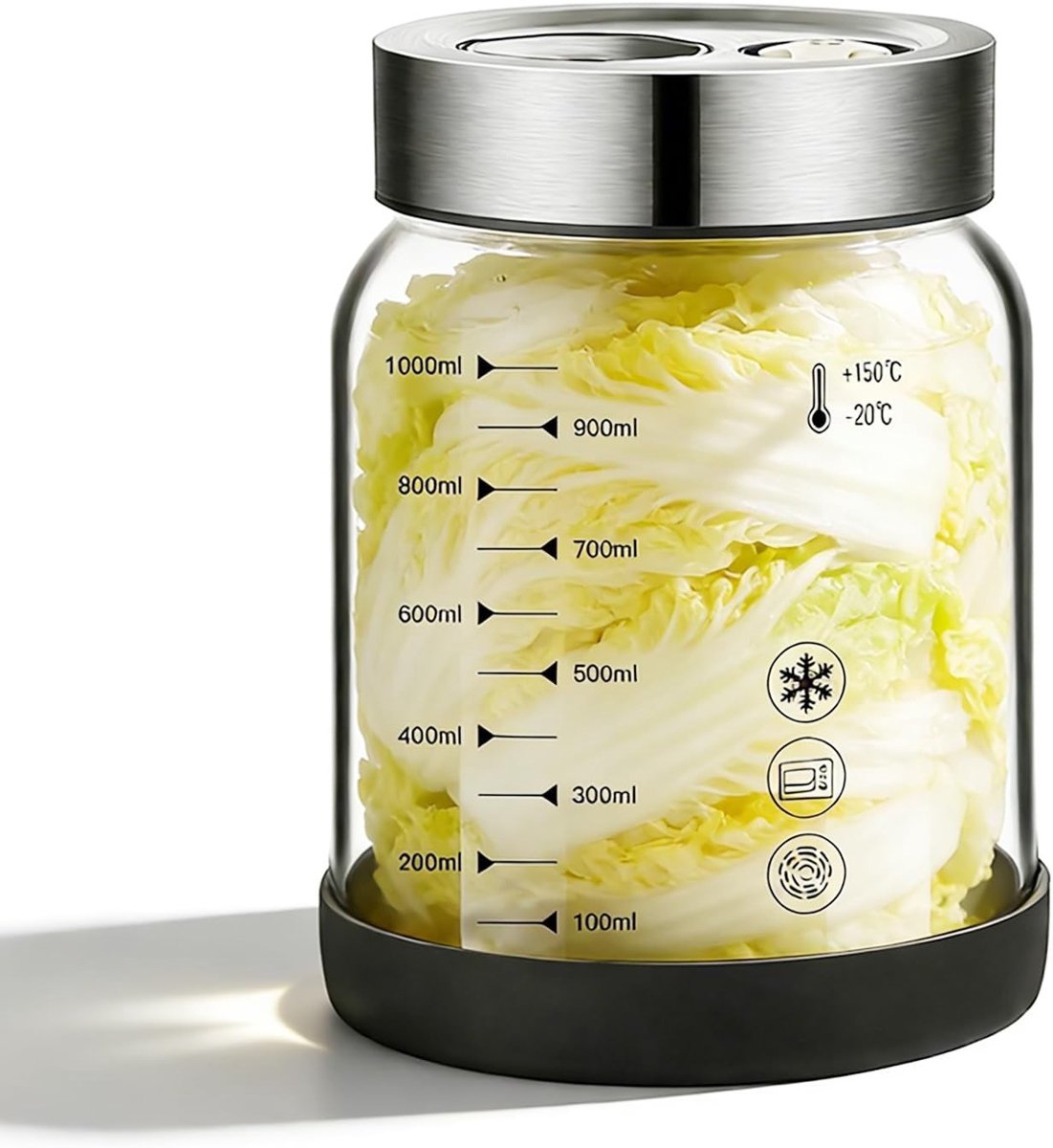 Fermenteglas 1 liter met fermentatieventiel en schroefdeksel voor kimchi, kefir en zuurkool, ideaal voor thuis fermenteren met brede hals voor eenvoudig gebruik