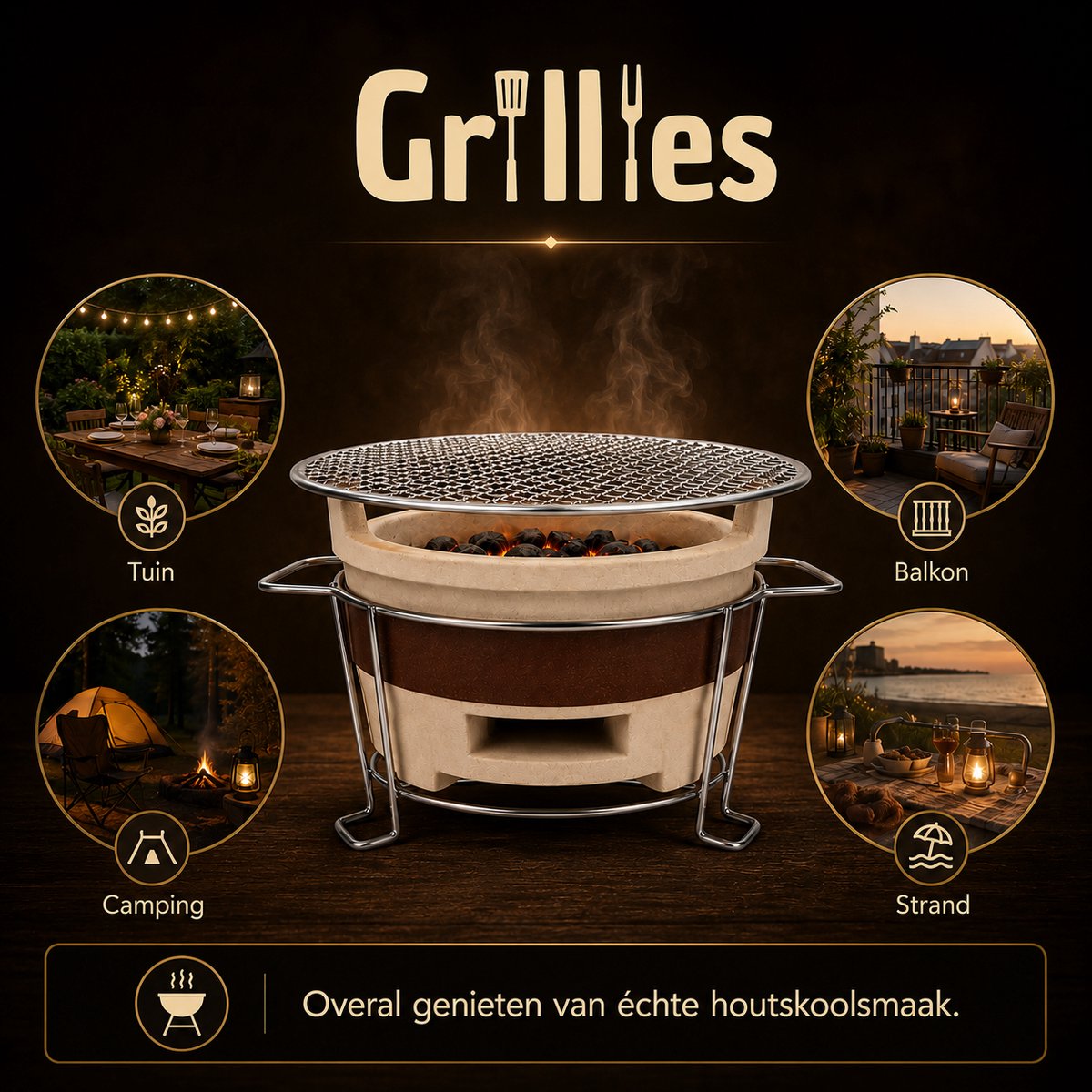 Grillies V1 Tafel BBQ – Compacte Mini Houtskool BBQ voor Tafel & Balkon – Draagbare Keramische Barbecue – foto 5