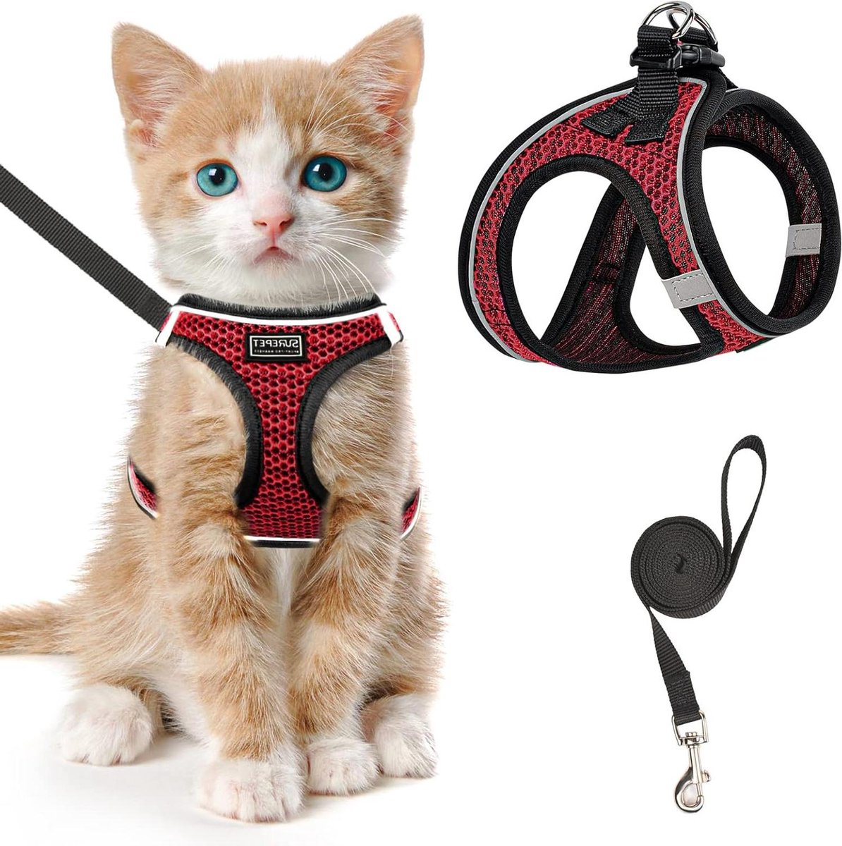 Kattenharnas met riem - Veilig tuigje - Buitenwandelen huisdier - Ontsnappingsbestendig ontwerp - Maat L - Rood