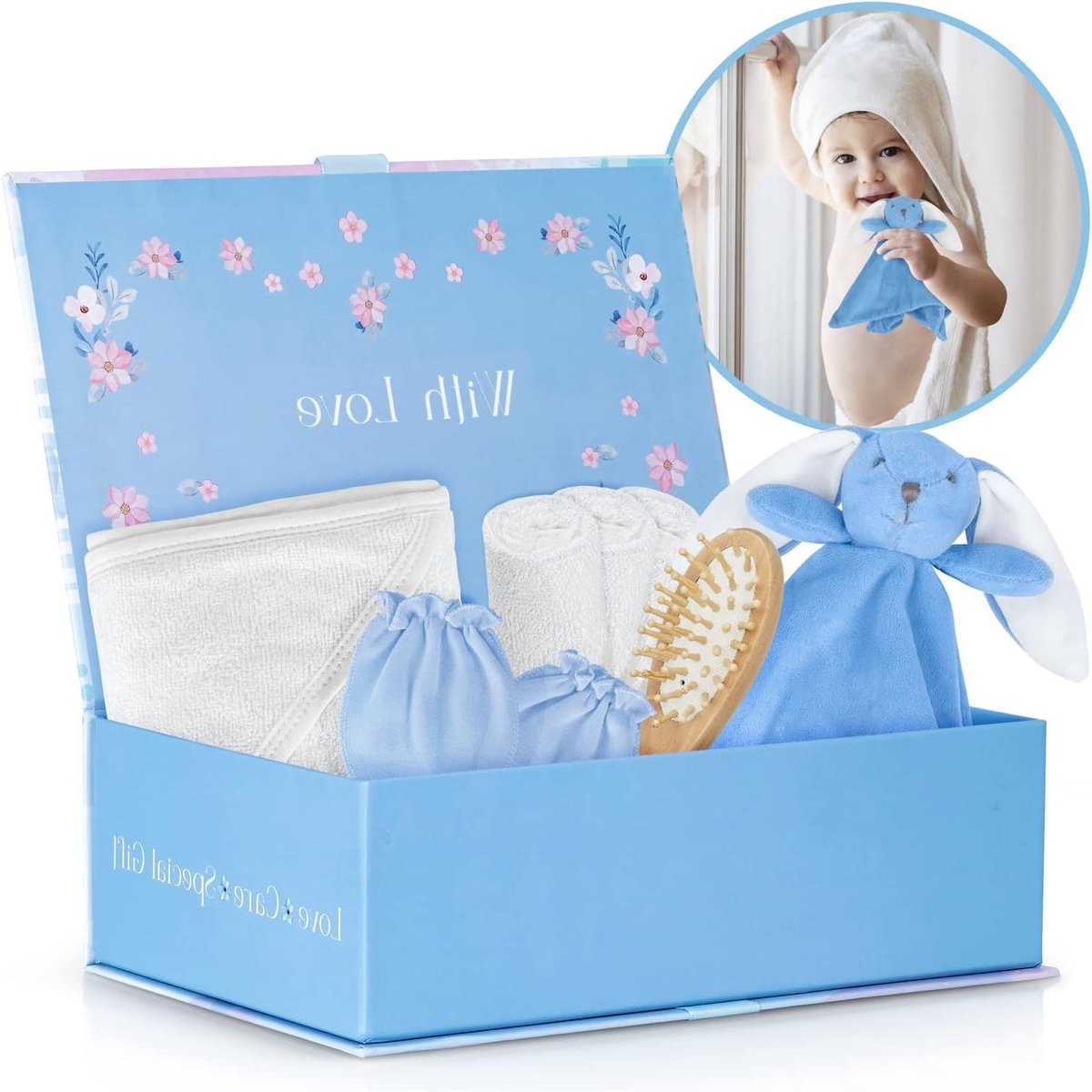 Baby Gift Set - Kraamcadeau Mand - Welkom Baby - Inclusief Handdoeken - 26 cm Pakket - Blauw