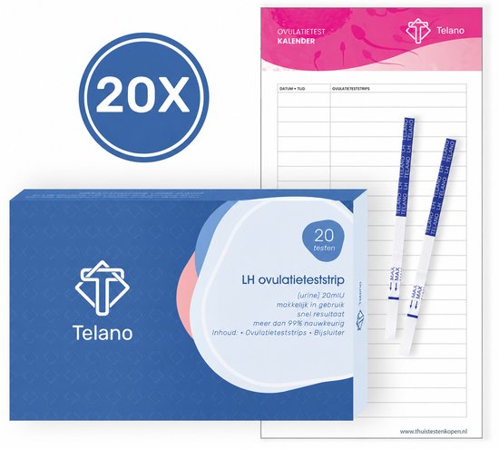 Telano LH ovulatieteststrip 20 stuks met kalender en 2 teststrips. Verpakking is blauw en wit met roze accenten.