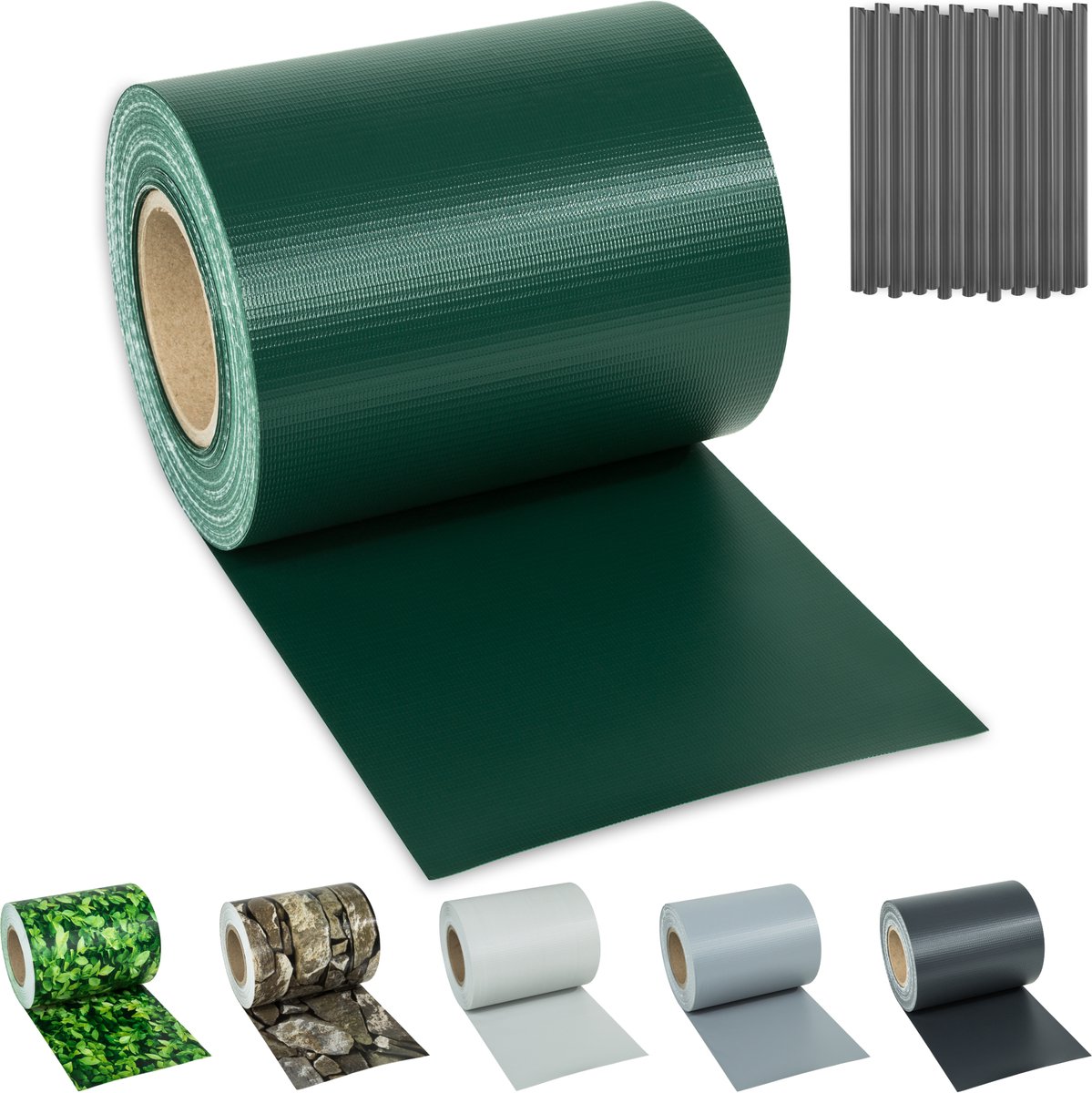 tectake® Tuinscherm - 35 meter Vlechtwand - 19 cm hoog - Balkonscherm - Privacyscherm - 450 g/m² Weerbestendig PVC - Dubbelzijdig Bedrukt - Folie voor Hekwerk en Tuin - Zichtdoek - Zichtbreeknet - Inclusief 20 Bevestigingsclips - Groen