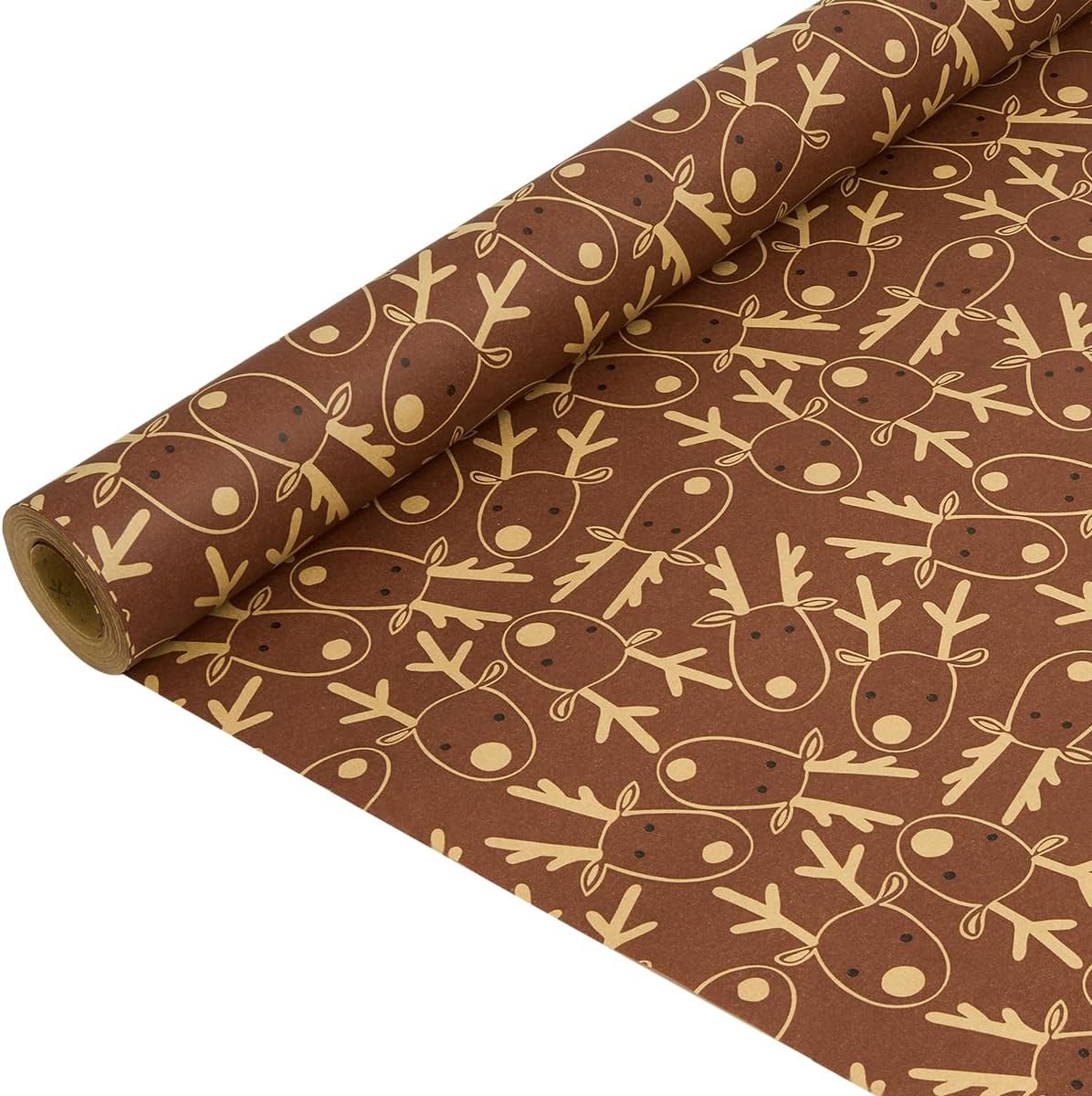 Cadeaupapier op rol: bruin kerstcadeaupapier, recyclebaar inpakpapier met rendierkop voor kerst, verjaardagen en Thanksgiving - 43 cm x 15 m