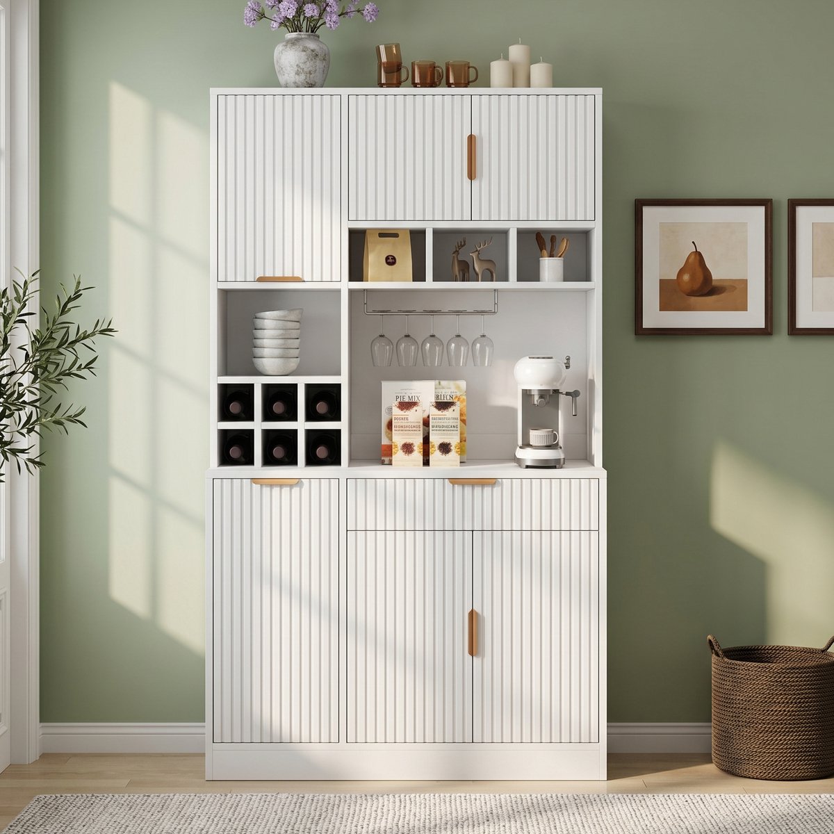 KOMHTOM Dressoir - 100x40x175 cm - Wit - Met Stopcontact USB-C USB-A - Wijnglasrek Flessenhouder - Eetkamer Opbergkast - Hoge Kast Meerdere Niveaus