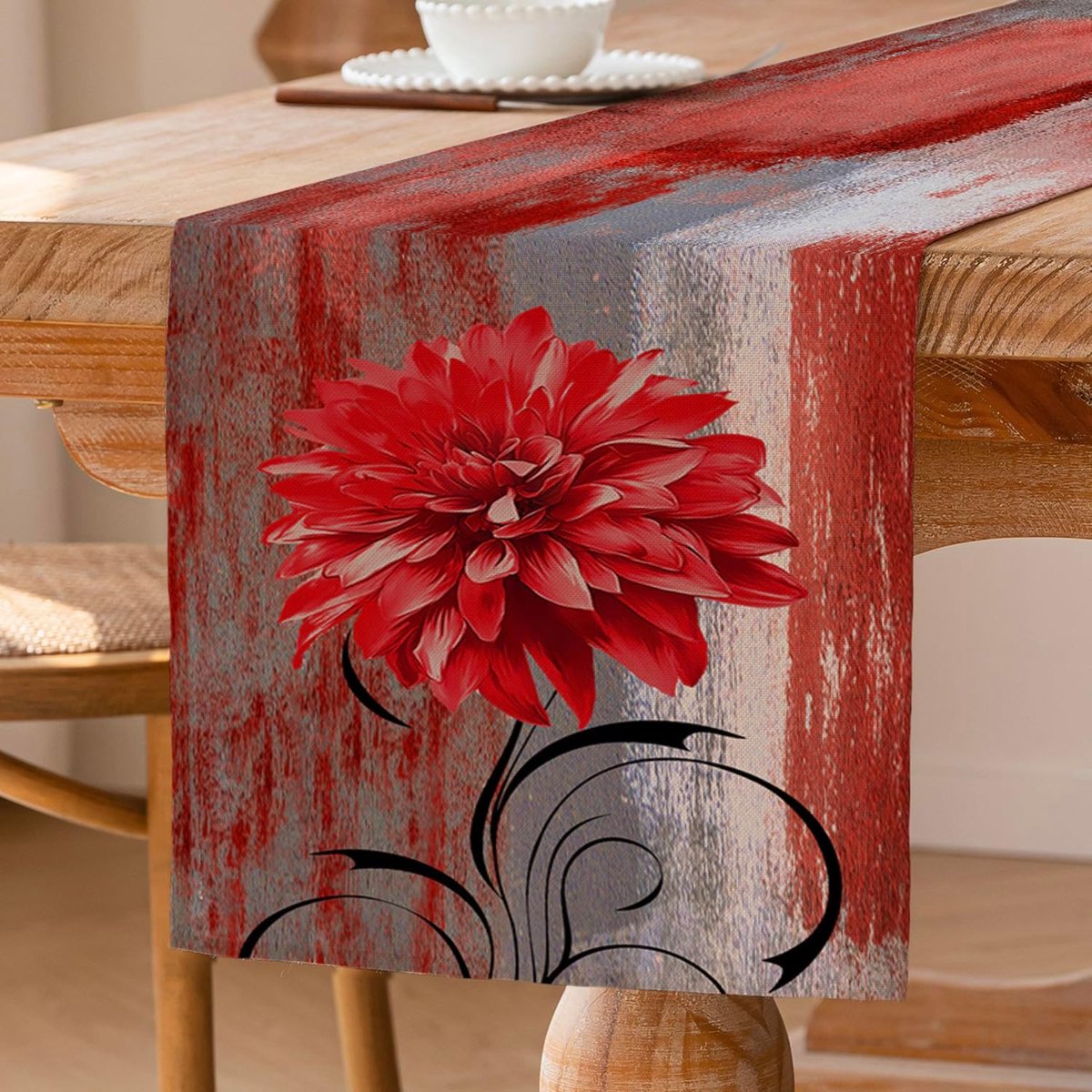 Tafelloper - Rood Retro bloemendesign in rustieke olieverfstijl - Voor eettafel, salontafel, feesten en bruiloften - 33 x 183 cm