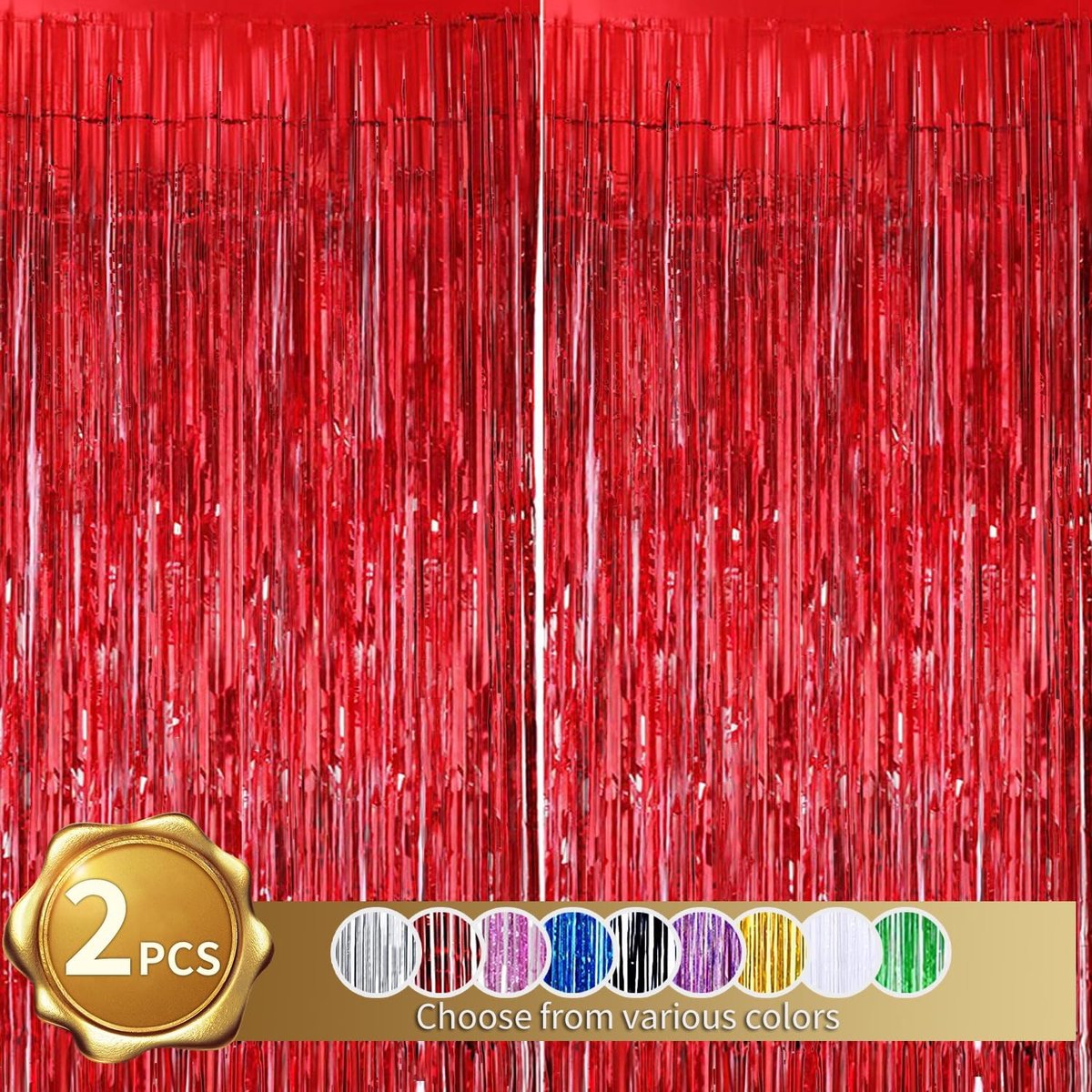 Set van 2 rode folie-franjes, 1 x 2 m metallic glitter gordijn voor verjaardag, bruiloft, babyshower, kerstfeestdecoratie