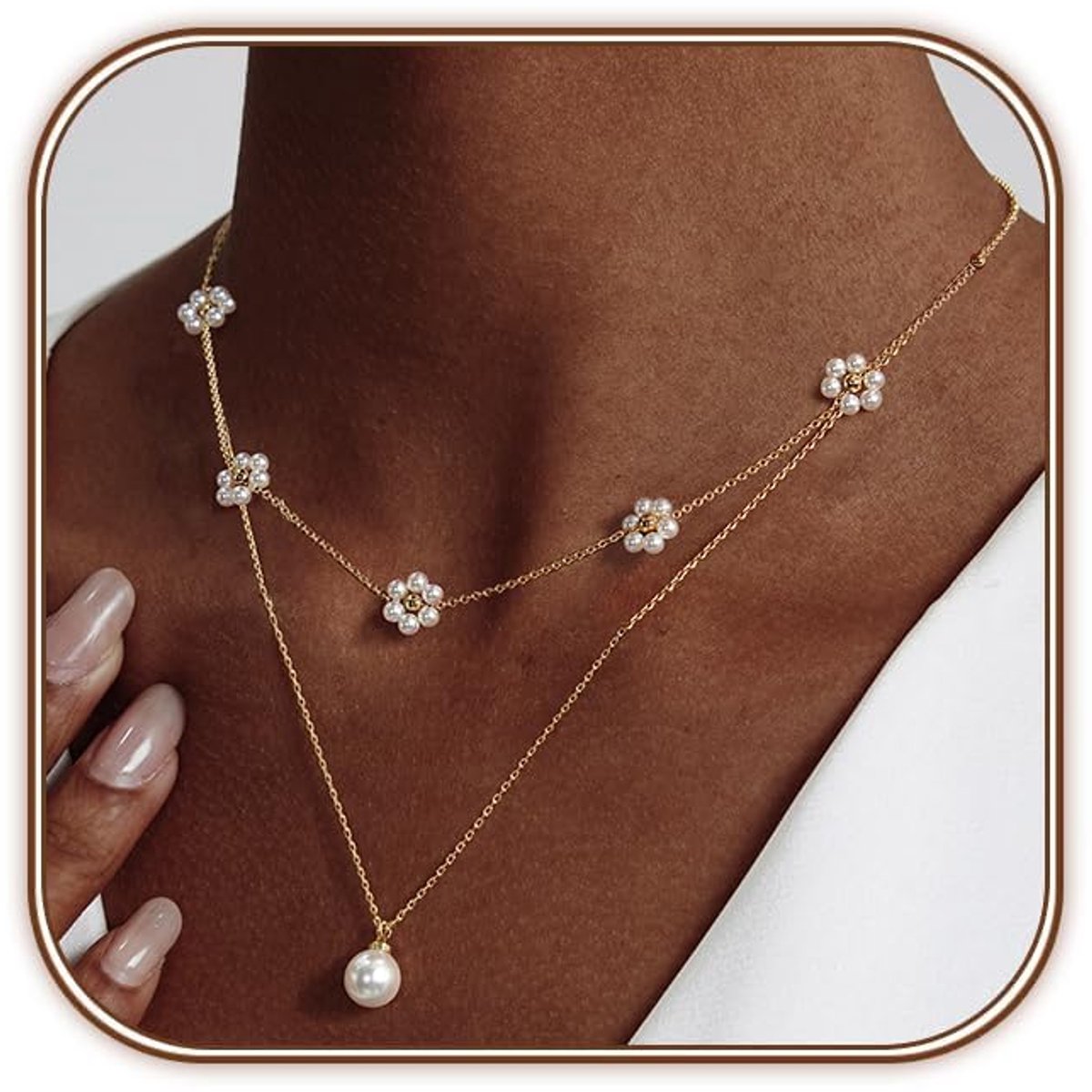 Parelketting voor dames, stapelbaar, 14K verguld, meerdere rijen, choker, halskettingen, elegante ketting met parelhanger in madeliefjesvorm, modesieraad, moederdagcadeau