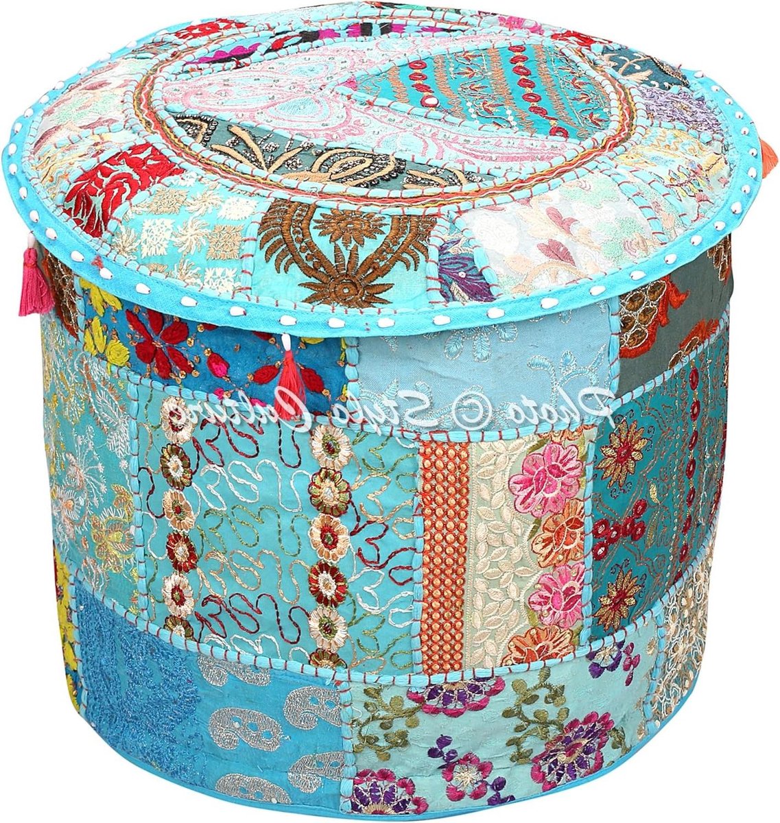 Ottomaanse Poefhoes - Voetenbank Decoratie - Woonkamer Opfleuren - Uniek Patchwork Ontwerp - 40x33 cm - Turkoois Blauw
