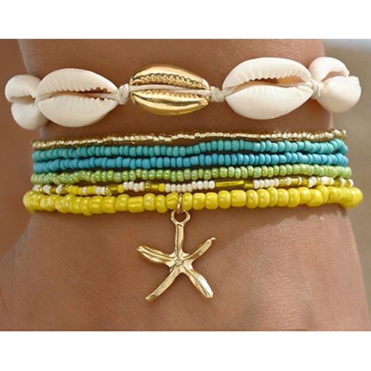 Enkelbandjes - set 6 stuks - blauw-geel