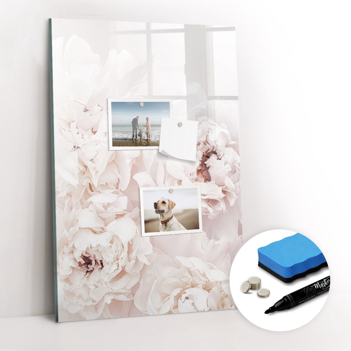 Tulup Whitebord - Pioenrozen - 40 x 60 cm - Roze Magneetbord Rechthoekig - Gratis 5 Sterke Magneten + Whiteboard Marker & Wisser - Decoratief Magnetisch Bord - Memobord Glas - Productiviteit Tools