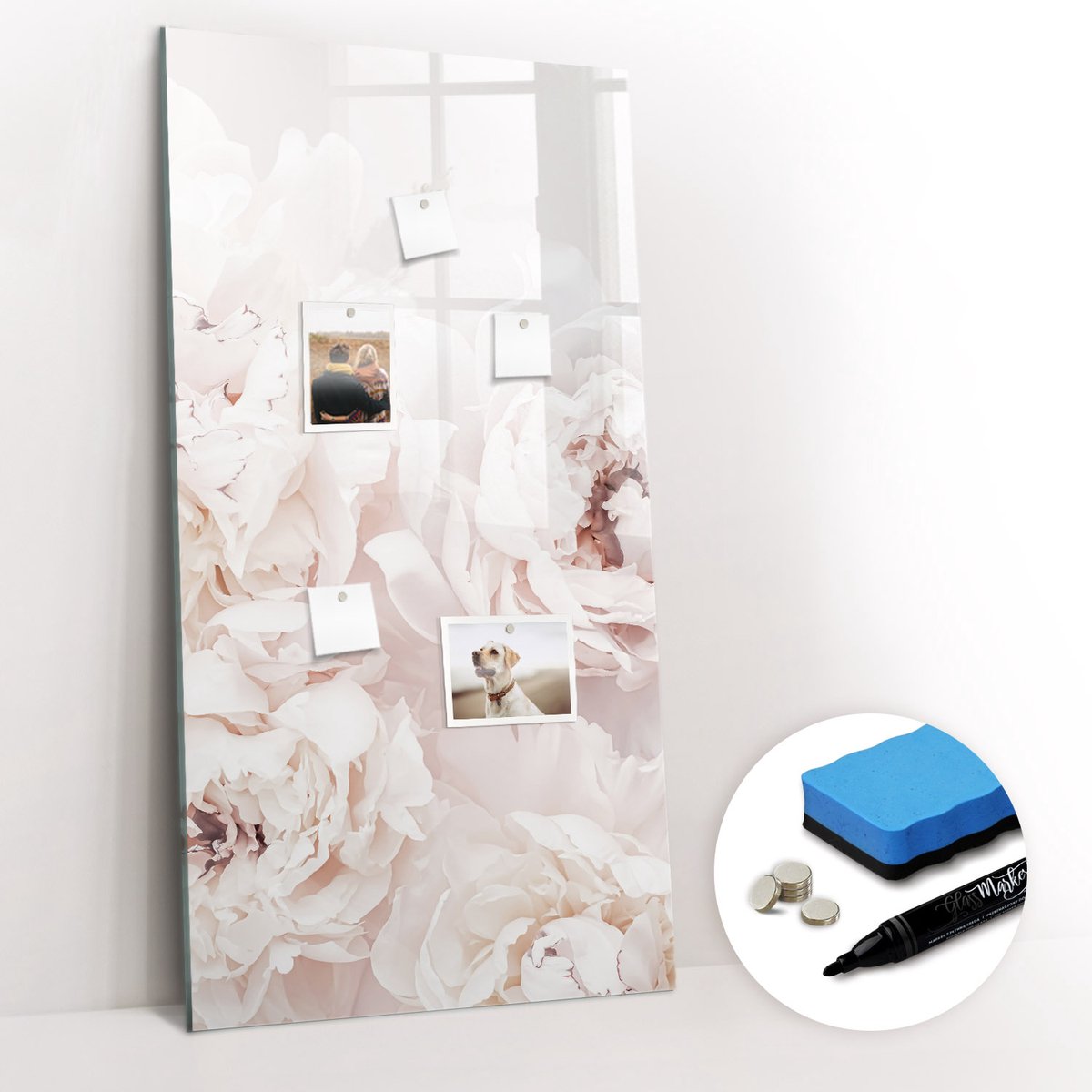 Tulup Whitebord - Pioenrozen - 60 x 120 cm - Roze Foto Magneetbord - Gratis 5 Sterke Magneten + Whiteboard Marker & Wisser - Wanddecoratie Kantoor - Memobord Glas - Inspiratiebord Kantoor