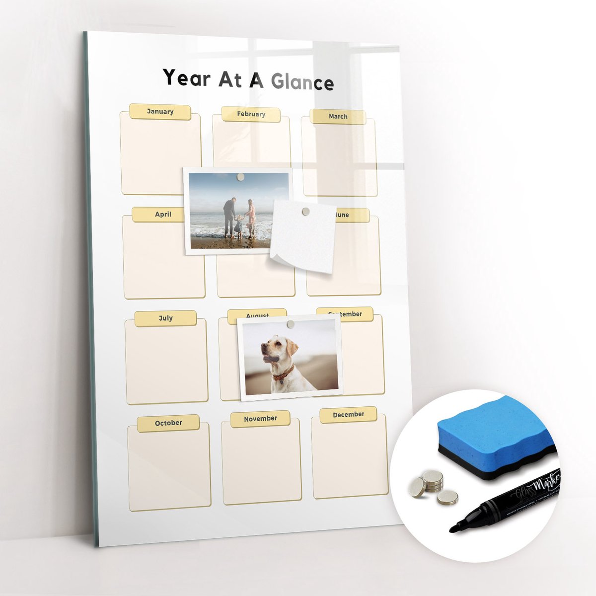 Tulup Whitebord - Jaarplanner - 40 x 60 cm - Geel Magneetbord Design - Gratis 5 Sterke Magneten + Whiteboard Marker & Wisser - Interieur Accessoires Kantoor - Magnet Board - Inspiratiebord Kantoor