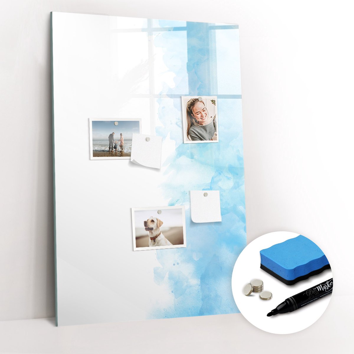Tulup Whitebord - Aquarelvlekken - 60 x 90 cm - Blauw Memobord Keuken - Gratis 5 Sterke Magneten + Whiteboard Marker & Wisser - Design Memobord - Magnetisch Memobord - Ideeënbord Thuiswerkplek