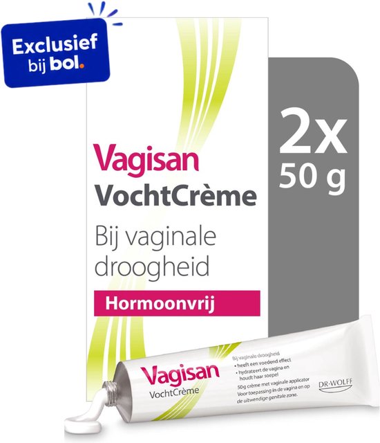 Verpakking met twee Vagisan VochtCrème tubes van 50g, tegen vaginale droogheid, hormoonvrij.