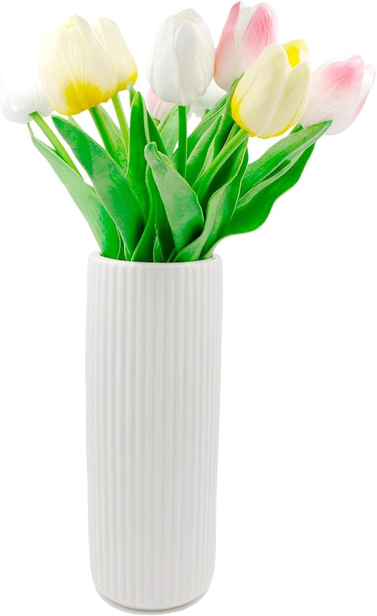 Moderne keramische vaas van 20 cm hoog met ribbelstructuur voor pampasgras, boho interieur
