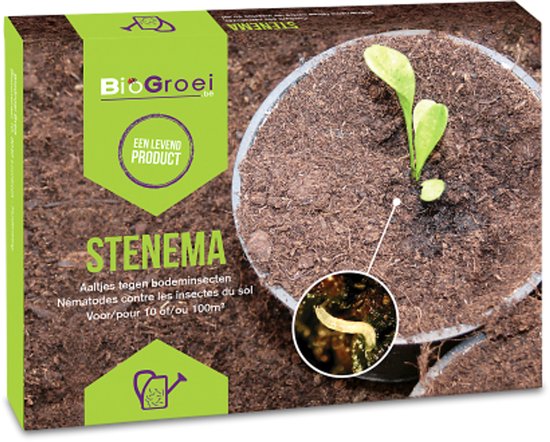 Doos met "STENEMA" "Aaltjes tegen bodeminsecten" "Een levend product", met afbeelding van een plantje en een vergrote aaltje.