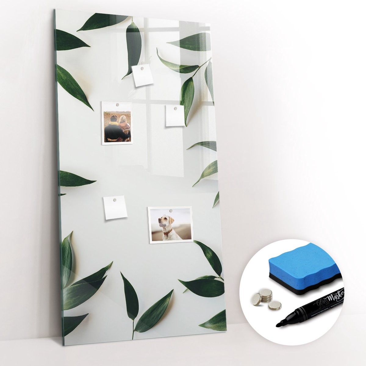 Tulup Whitebord - Groene bladeren omlijsten - 60 x 120 cm - Beige Magnetisch Memobord - Gratis 5 Sterke Magneten + Whiteboard Marker & Wisser - Organizer Muur - Memobord Magnetisch - Organiseer Je Bureau