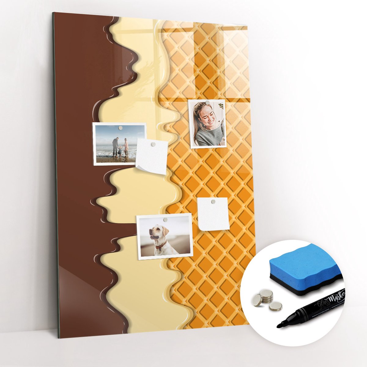 Tulup Whitebord - IJs met topping - 60 x 90 cm - Bruin Magnet Board - Gratis 5 Sterke Magneten + Whiteboard Marker & Wisser - Design Memobord - Magnet Board - Productiviteit Tools