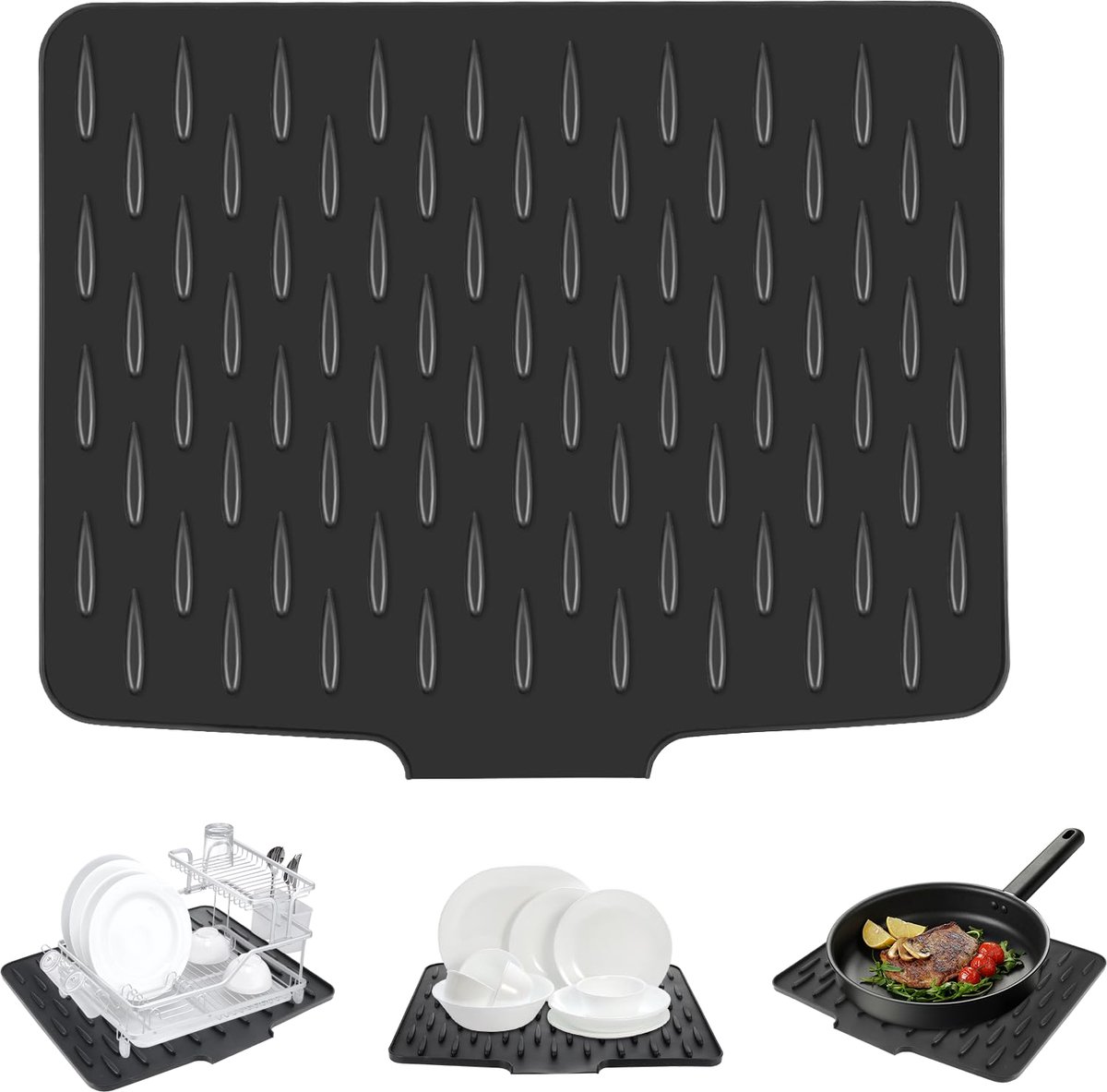 Afdruipmat voor servies, 40 x 32,5 cm, lekvrije bescherming van siliconen, eenvoudige reiniging, milieuvriendelijke, hittebestendige siliconenmat voor keukenborden of gootsteen, zwart
