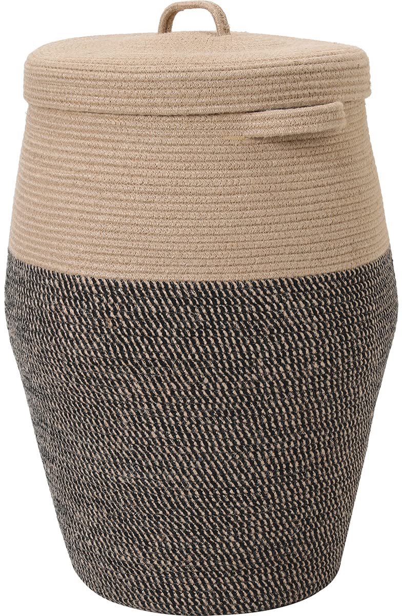 Opbergmand met deksel, katoenen touw opbergmanden, geweven wasmand met hoes, speelgoedopbergbak, babykinderkamer, jute/zwarte mix met deksel
