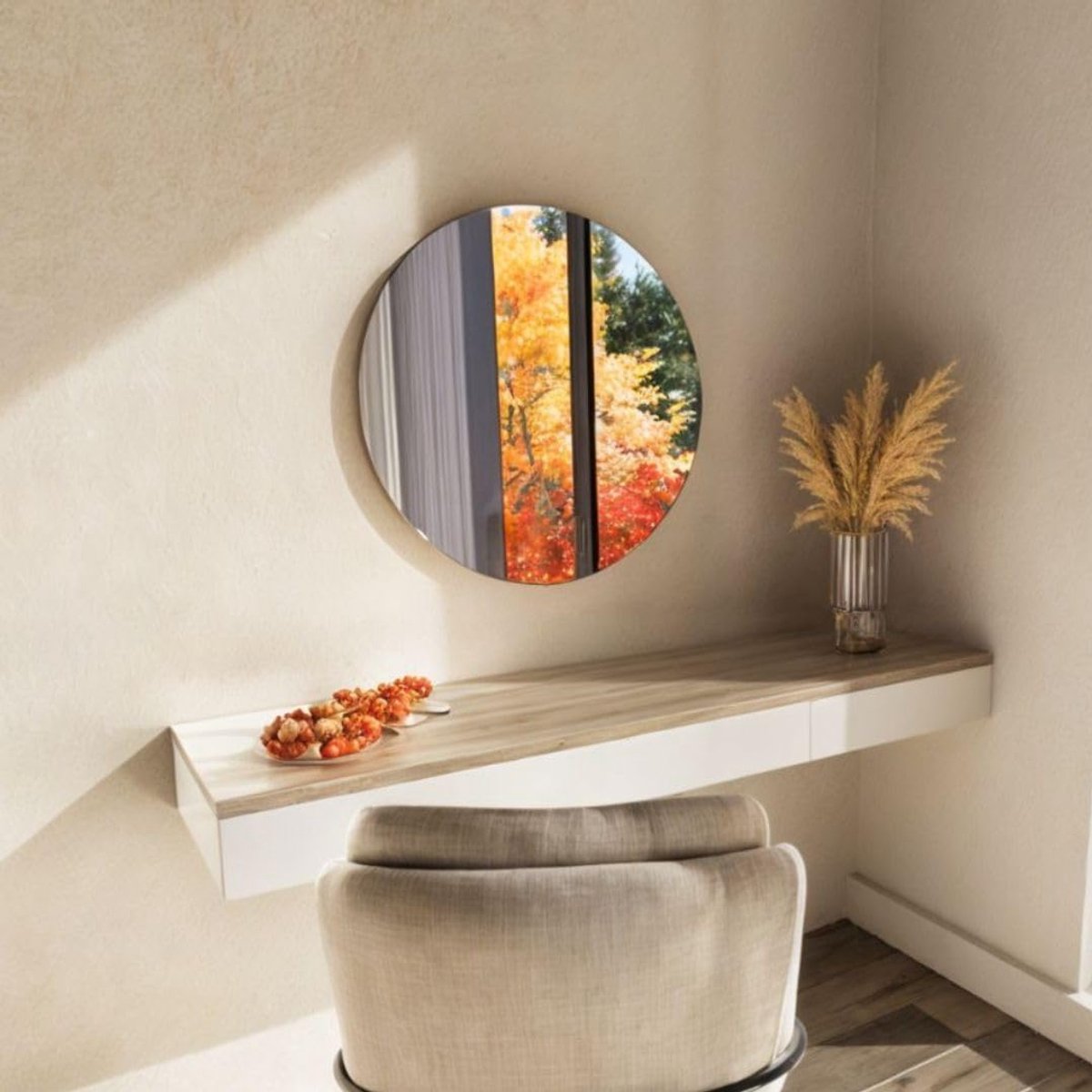 Eenvoudige, ronde wandspiegel zonder lijst, ronde spiegel voor badkamer, slaapkamer, hal, decoratieve ronde wandspiegel.
