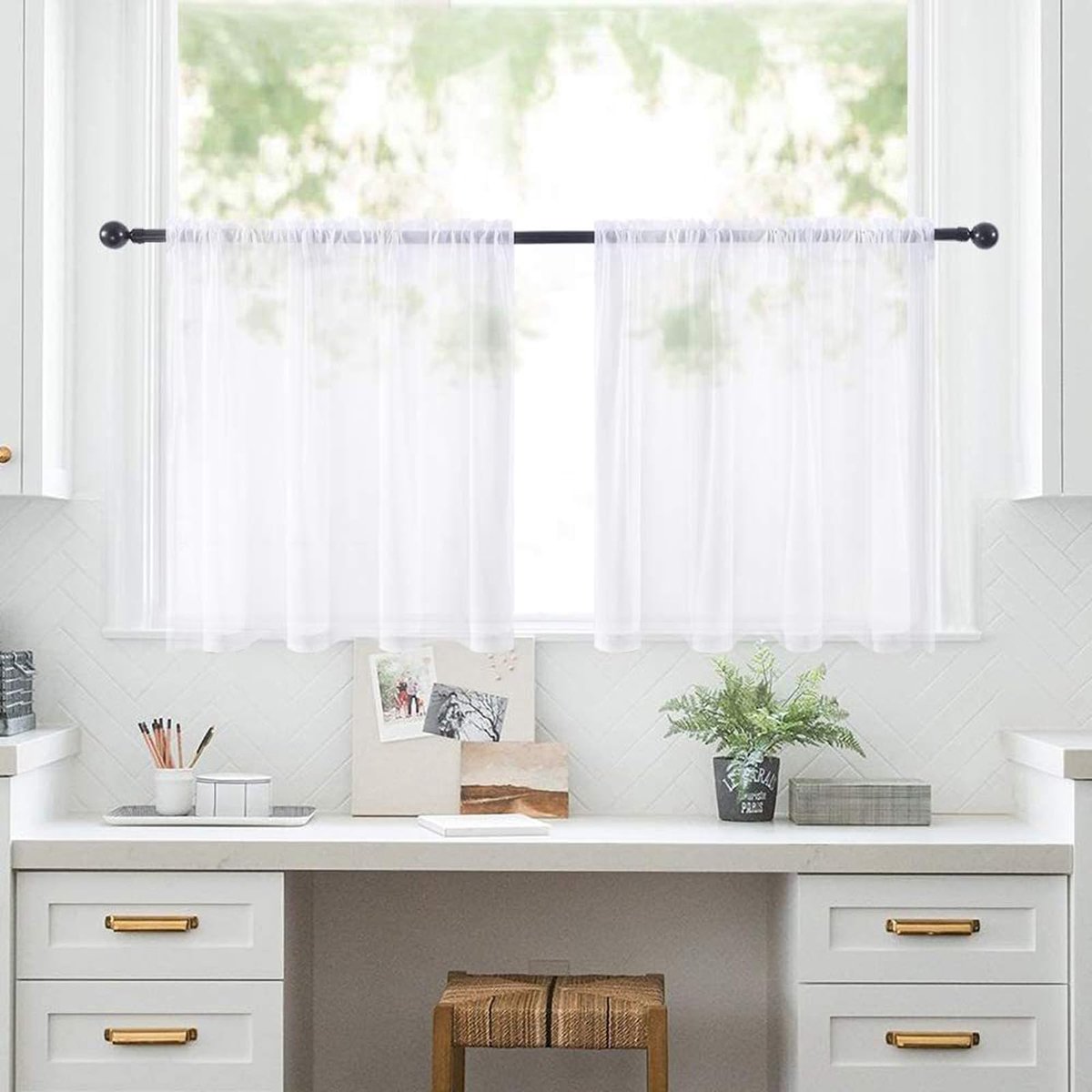 Vitrage keuken, transparant gordijn, H x B 60 x 76 cm, wit, set van 2