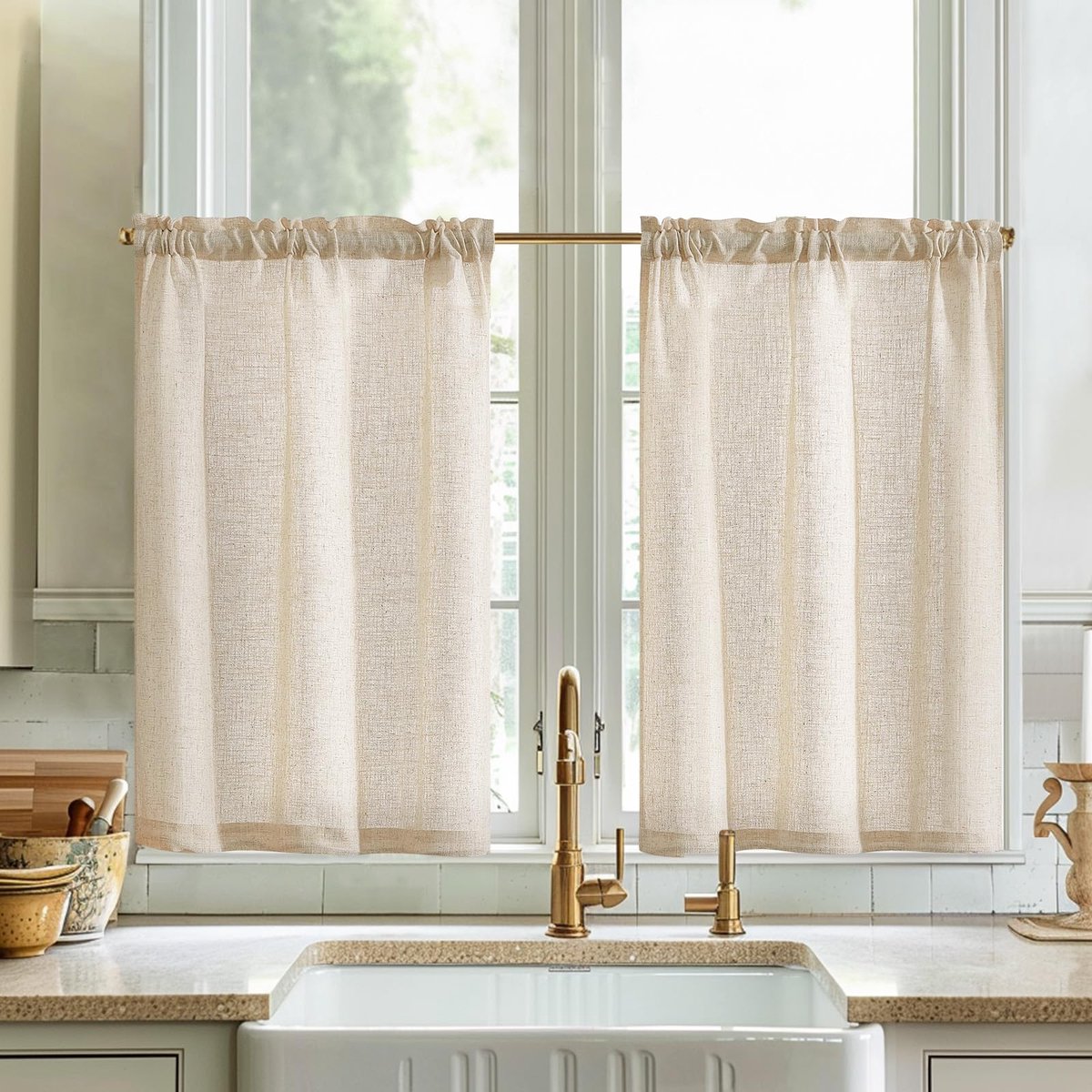 Vitrage, moderne keuken, natuur, linnenlook, gordijnen, kort, bistrogordijn, set van 2, 65 x 90 cm (b x h), lichtdoorlatend, keukengordijnen met stangdoorgang, landhuis, caravan