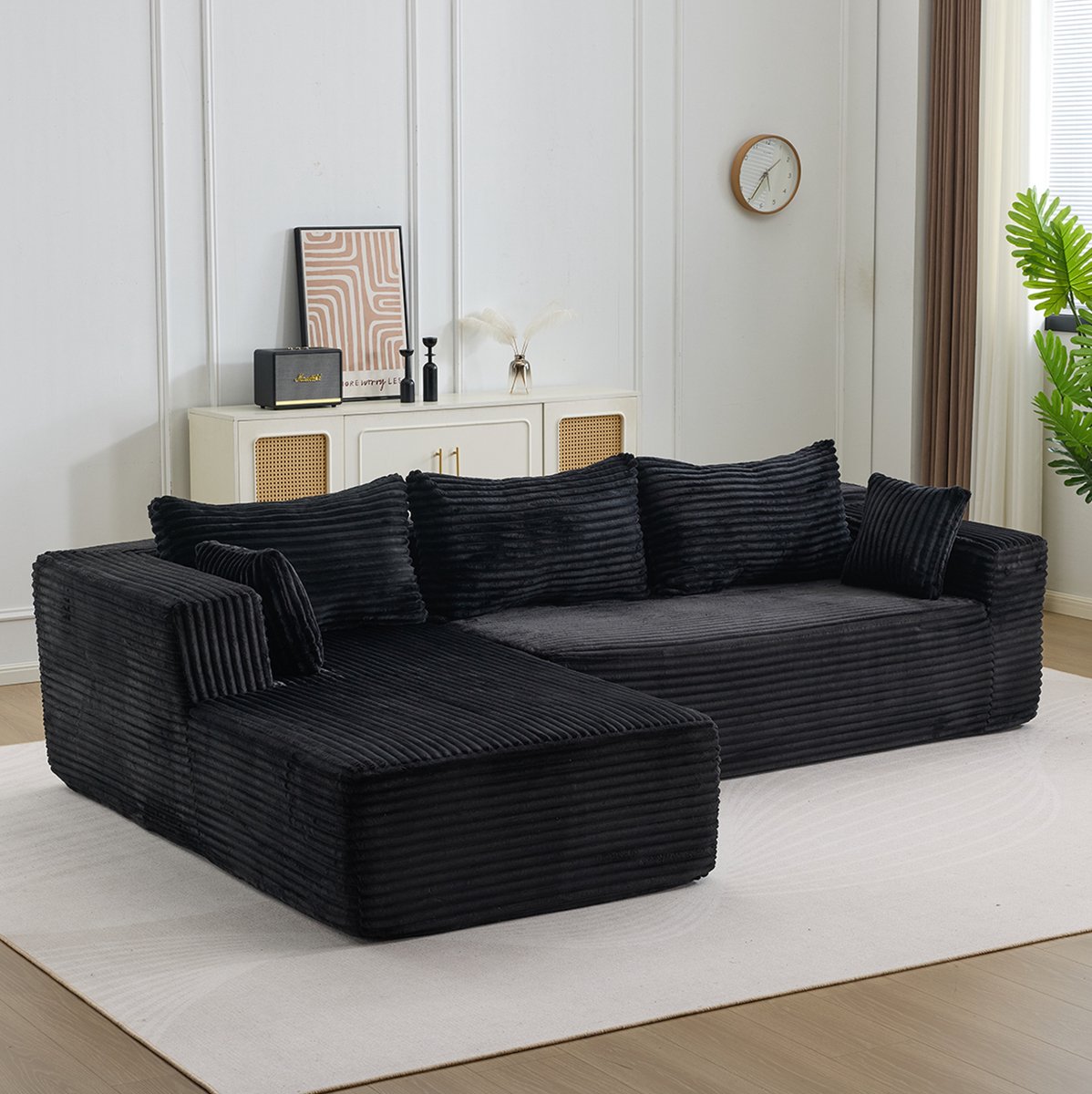 FloraGrace Hoekbank 279 x 179 x 83 cm - Modulaire L-Vorm Met Chaise En Diepe Zitting - Zonder Montage - Voor Woonkamer Of Appartement - Corduroy - Zwart