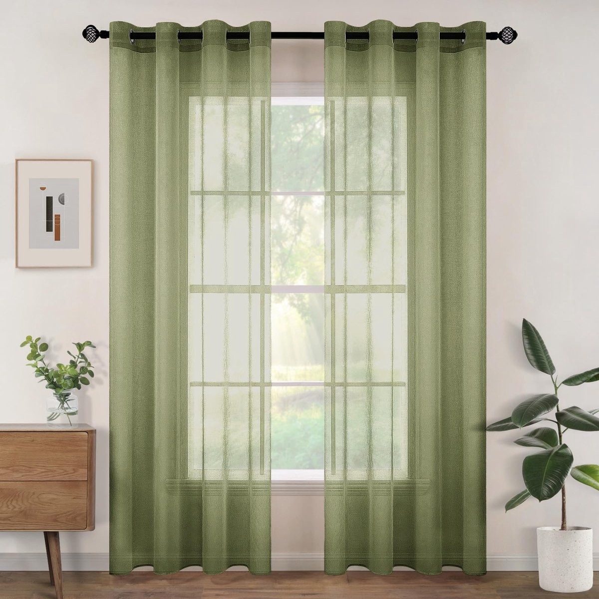 Gordijnen voor binnen, 2 stuks, 140 x 225 cm, semi-transparant, voor woonkamer en slaapkamer, voor woondecoratie, bonengroen
