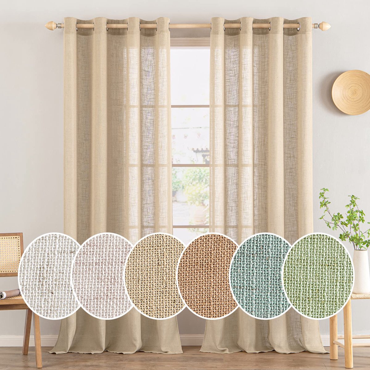 MIULEE Gordijnen met oogjes, voile gordijn, kort, modern linnenlook, half-transparant, voor woonkamer, kinderkamer, ruimteverdeler, set van 2, kaki, 160 x 140 cm