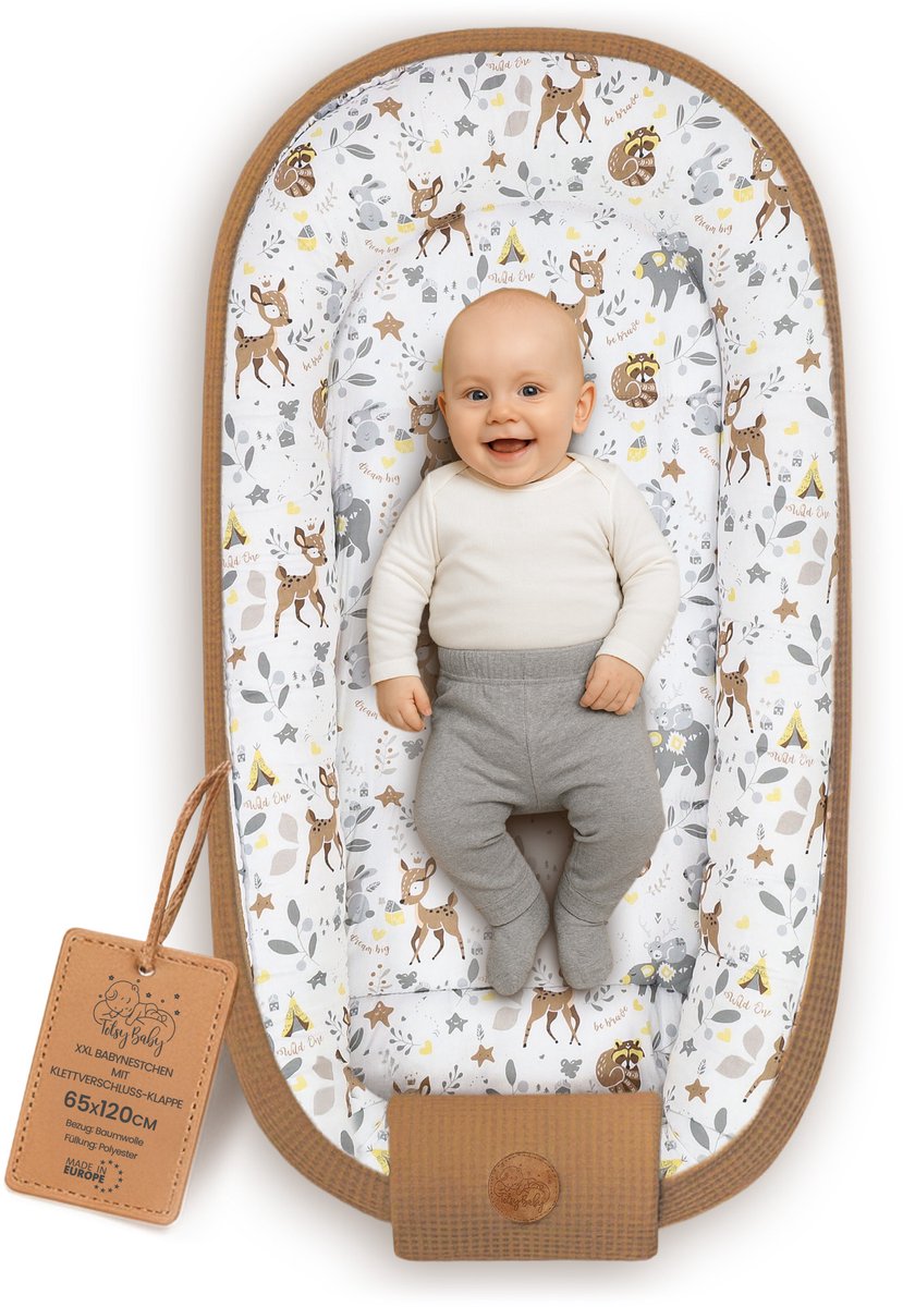Babynestje Pasgeborene 65x120cm – Babynest behaaglijk Katoen & Wafel – zacht ademend en knus Nestje comfortabel voor Ledikant Wieg Kinderwagen Babykamer en Onderweg Hert Bruin
