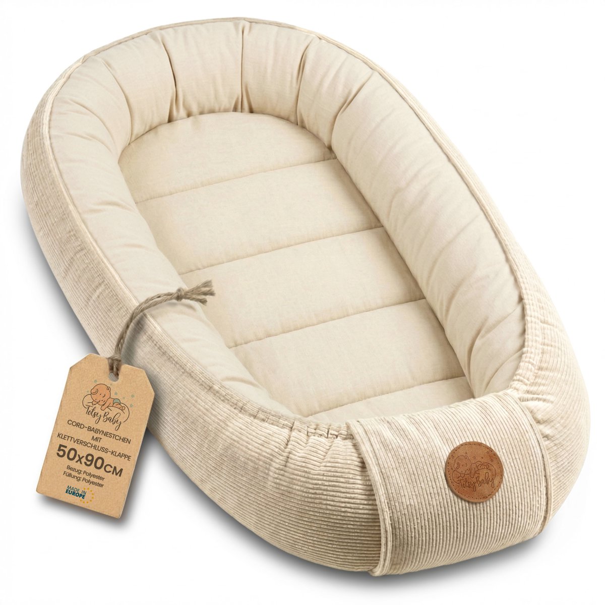 Knus Baby Nestje Pasgeborene – zacht draagbaar en comfortabel Nest voor Ledikant Kinderbed Wieg Babykamer en Onderweg – behaaglijk voor Jongen & Meisje 90x50 cm Beige Corduroy