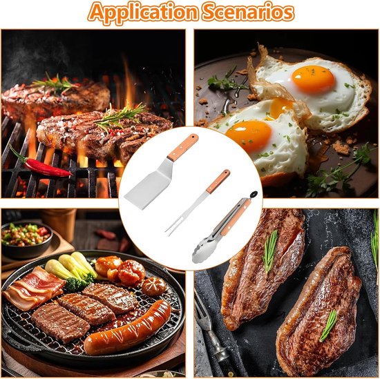 Spatels, RVS BBQ Spatel Set met Tang en Vleesvork, Grillspatel met Houten Handvat, Grillschraper en Barbecuegereedschap voor Buitenbarbecue — afbeelding 3