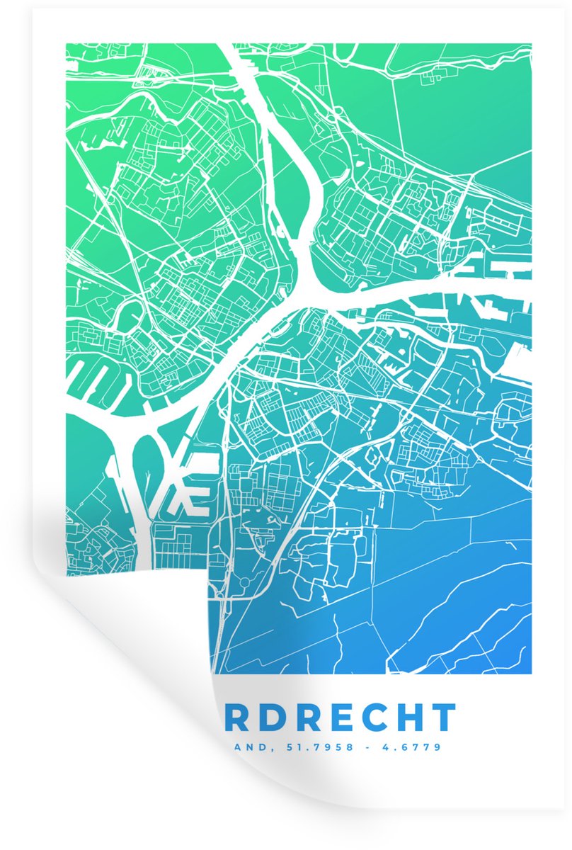 Muurstickers - Sticker Folie - Stadskaart - Dordrecht - Blauw - Nederland - 60x90 cm - Pla