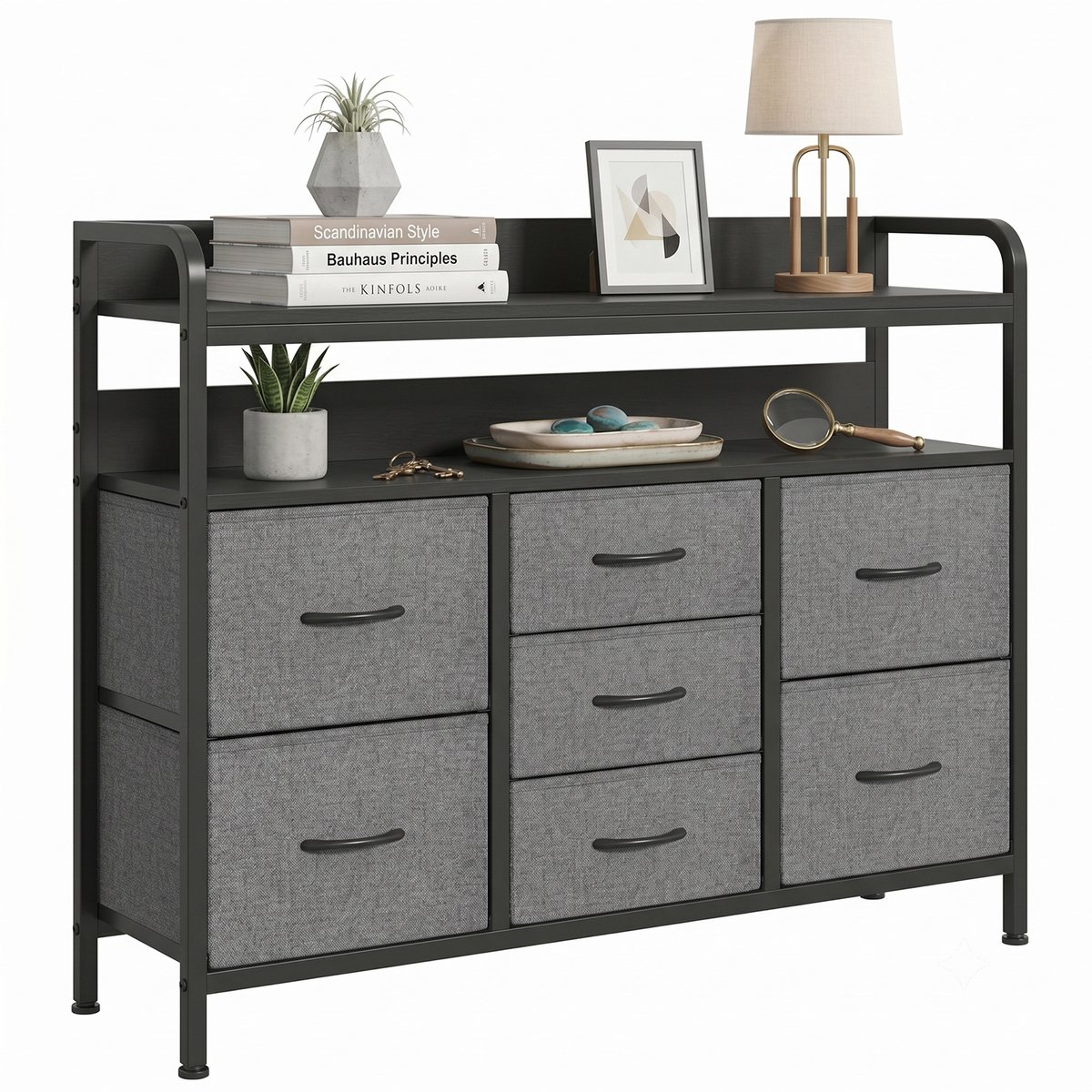 Ladekast met 7 Stoffen Laden 100x30x76 cm - Opbergkast - Stoffen Ladenkast - Slaapkamerkast - Woonkamer Kast - Hal Kast - Met Open Opbergvak - Industriële Kast - Donkergrijs