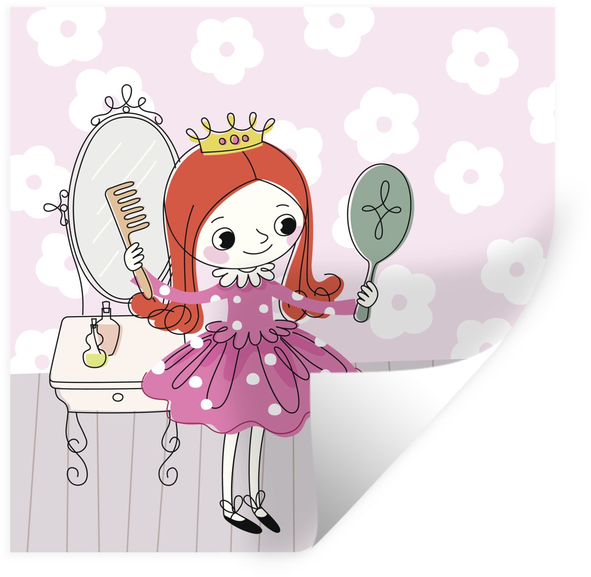 Muurstickers - Sticker Folie - Kinderillustratie van een prinses die haar haren kamt - 120