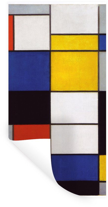 Abstract schilderij met zwarte lijnen, rode, blauwe, gele en witte vlakken, op witte achtergrond.