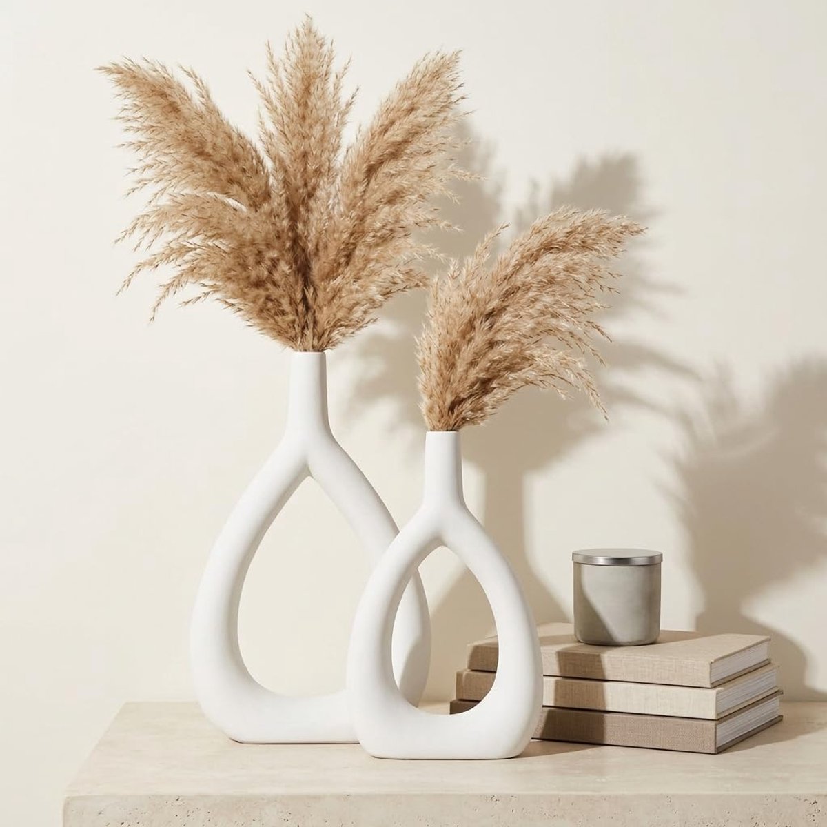 Ovale vazen, set van 2, decoratieve witte keramische vazen in ovale vorm voor pampasgras, tafeldecoratie voor bruiloften, feesten, woonkamer, kantoor, moderne woondecoratie