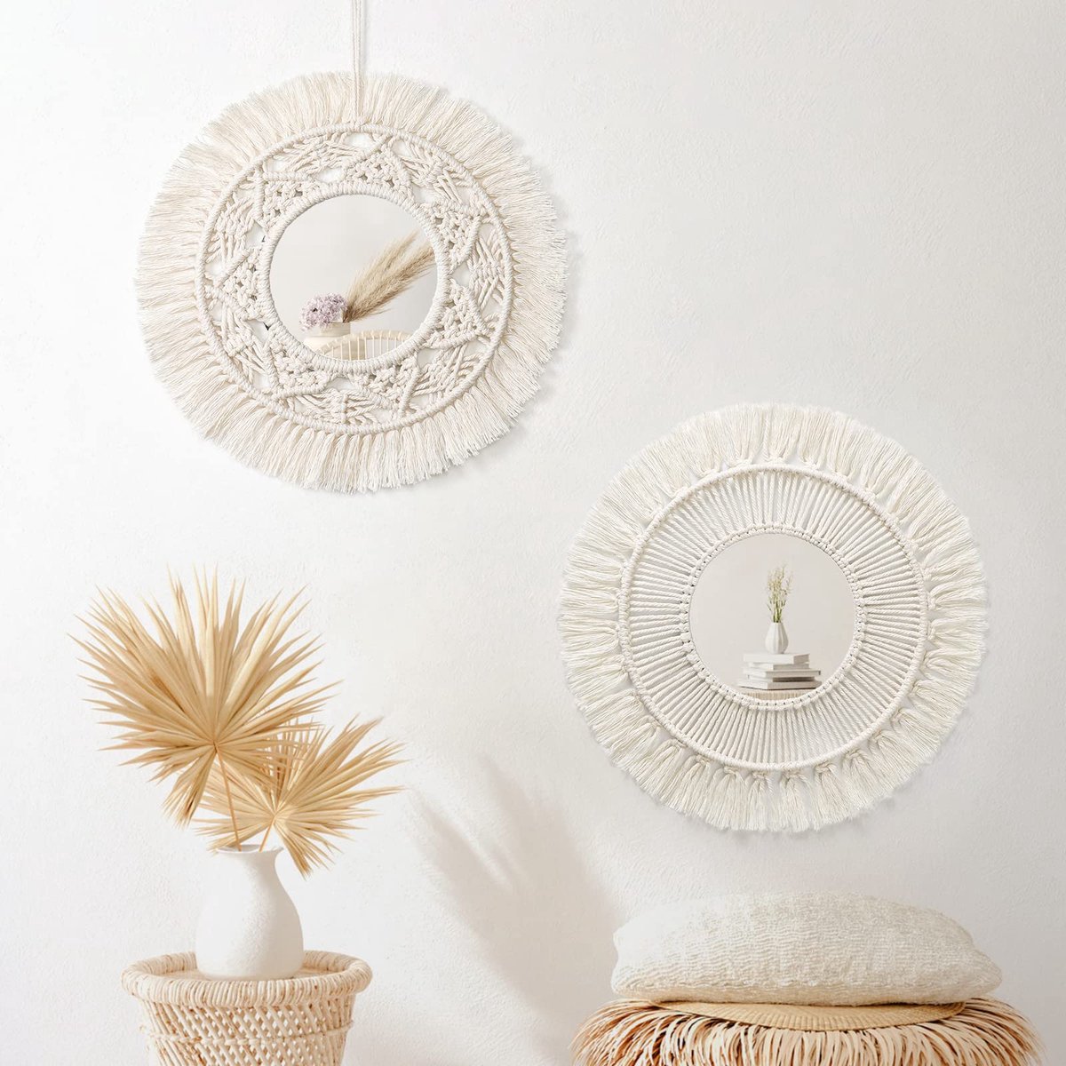 2 stuks macramé wandbehang, decoratieve spiegel met geweven franjes, ivoorwit, boho, ronde wandspiegel voor slaapkamer, woonkamer, kinderkamer, wooncultuur