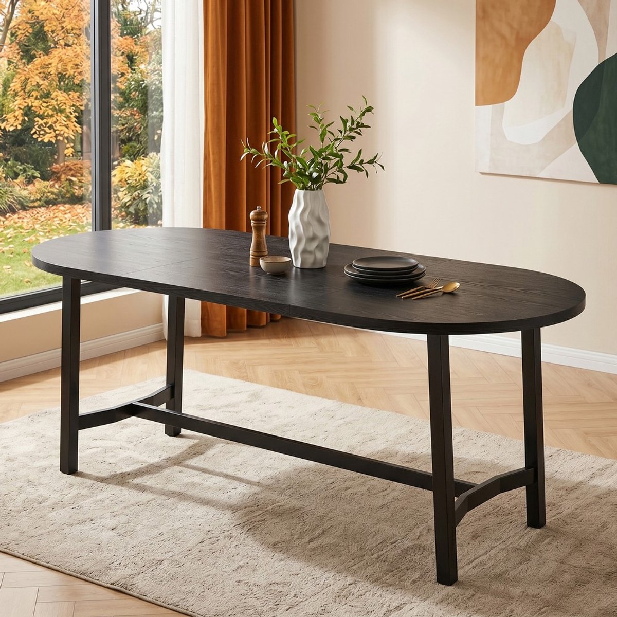 KOMHTOM Eettafel - 180x80x75 cm - Zwart - Metalen Poten - Geschikt voor 6-8 Personen - Afgeronde Hoeken - Industrieel Design - Modern - Keukentafel - Eetkamertafel