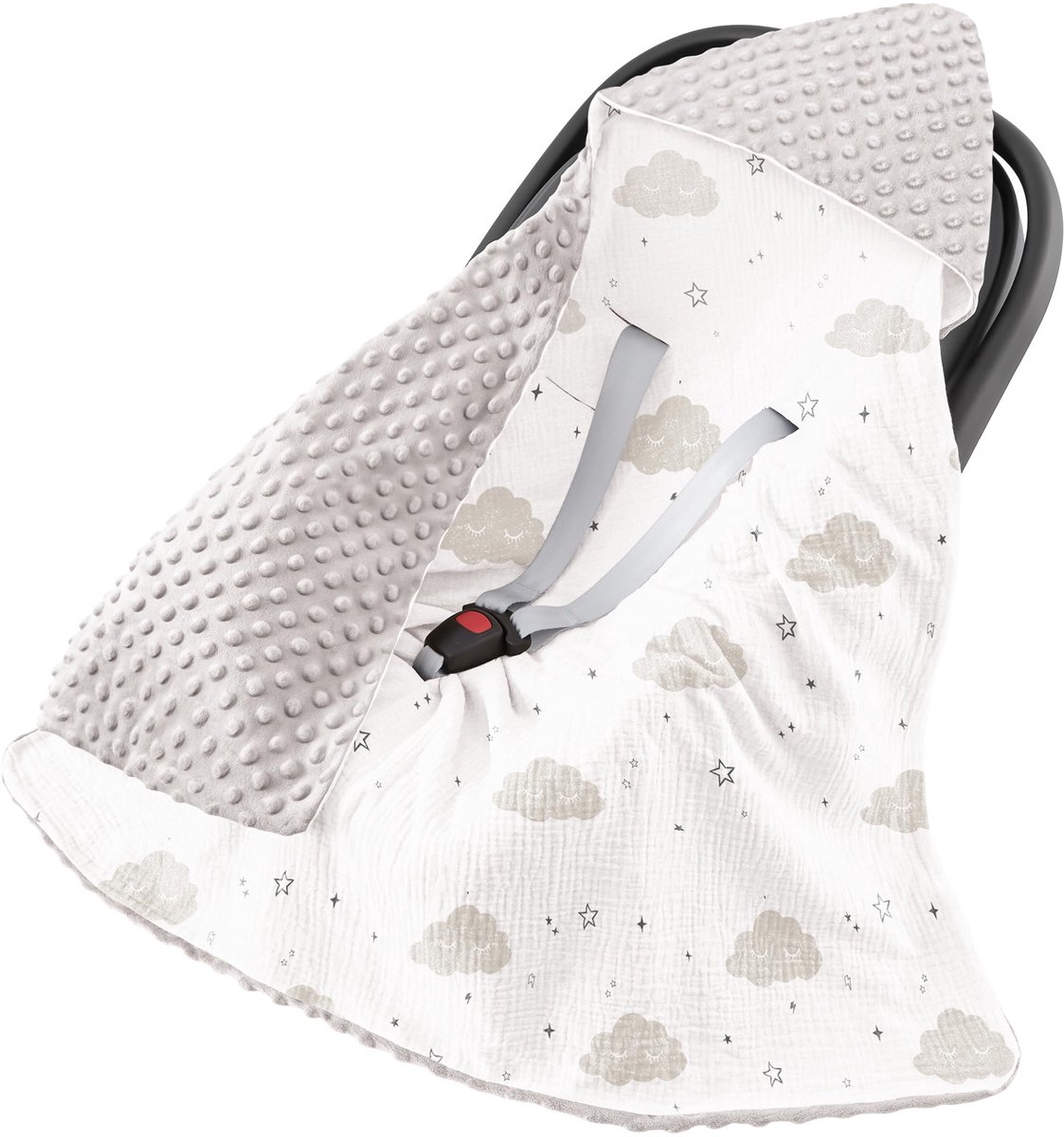 Wikkeldeken voor baby's, 90 x 90 cm, kinderwagen en kinderzitjes, universeel, babydeken voor pasgeborenen en peuters, inslagdeken, stippen, riem (wolken)