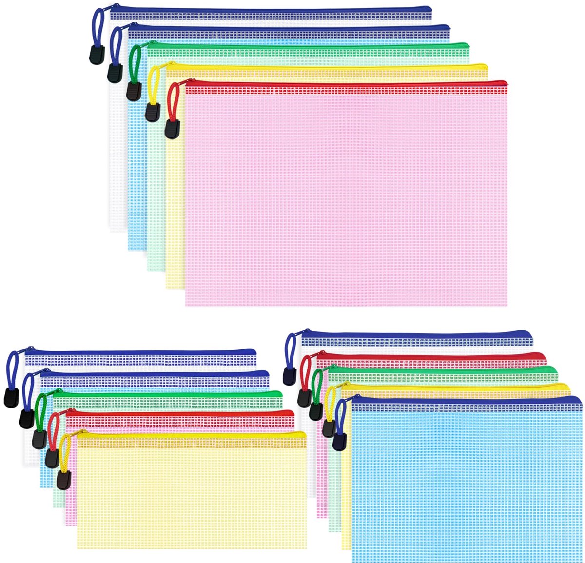 15 stuks kleurrijke documententassen A4, A5, A6, waterdichte mesh documententas met ritssluiting, vak met ritssluiting voor documenten, documentenvakken voor kantoor, school en reizen (5