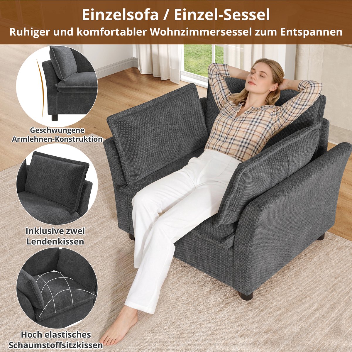 HAUSS SPOLE Fauteuil - Relax Leesstoel Met Armleuningen En 2 Kussens - Voor Woonkamer, Slaapkamer En Kantoor - Chenille Grijs Grey