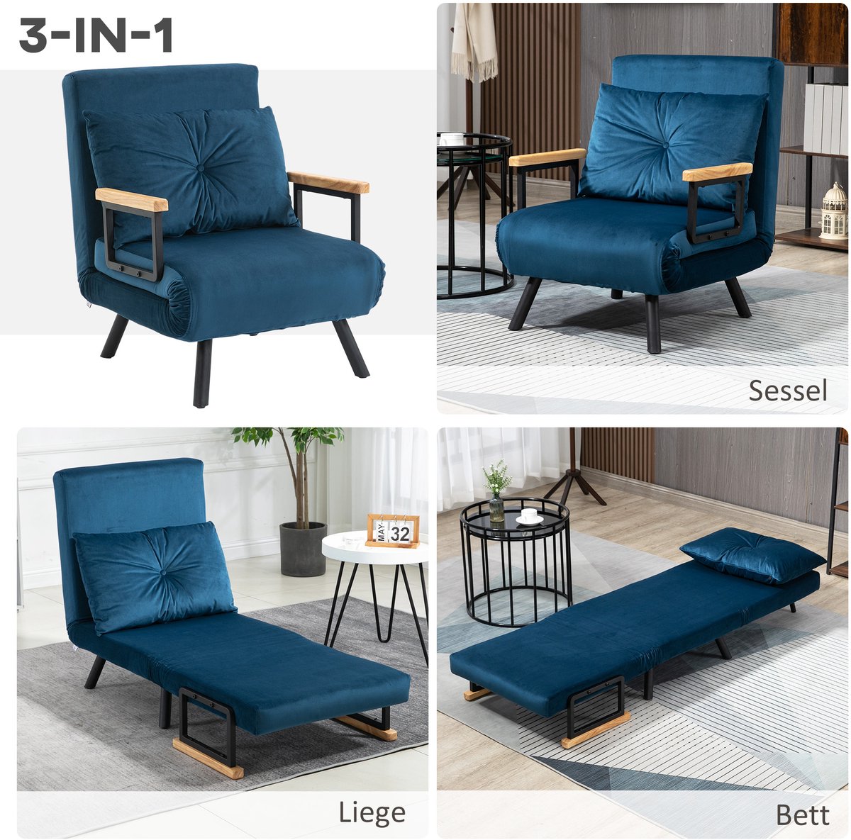 HAUSS SPOLE Relaxfauteuil - Slaapstoel Met Verstelbare Rugleuning En Bedfunctie - Fauteuil Voor Woonkamer En Logeerkamer - Velvet Blauw