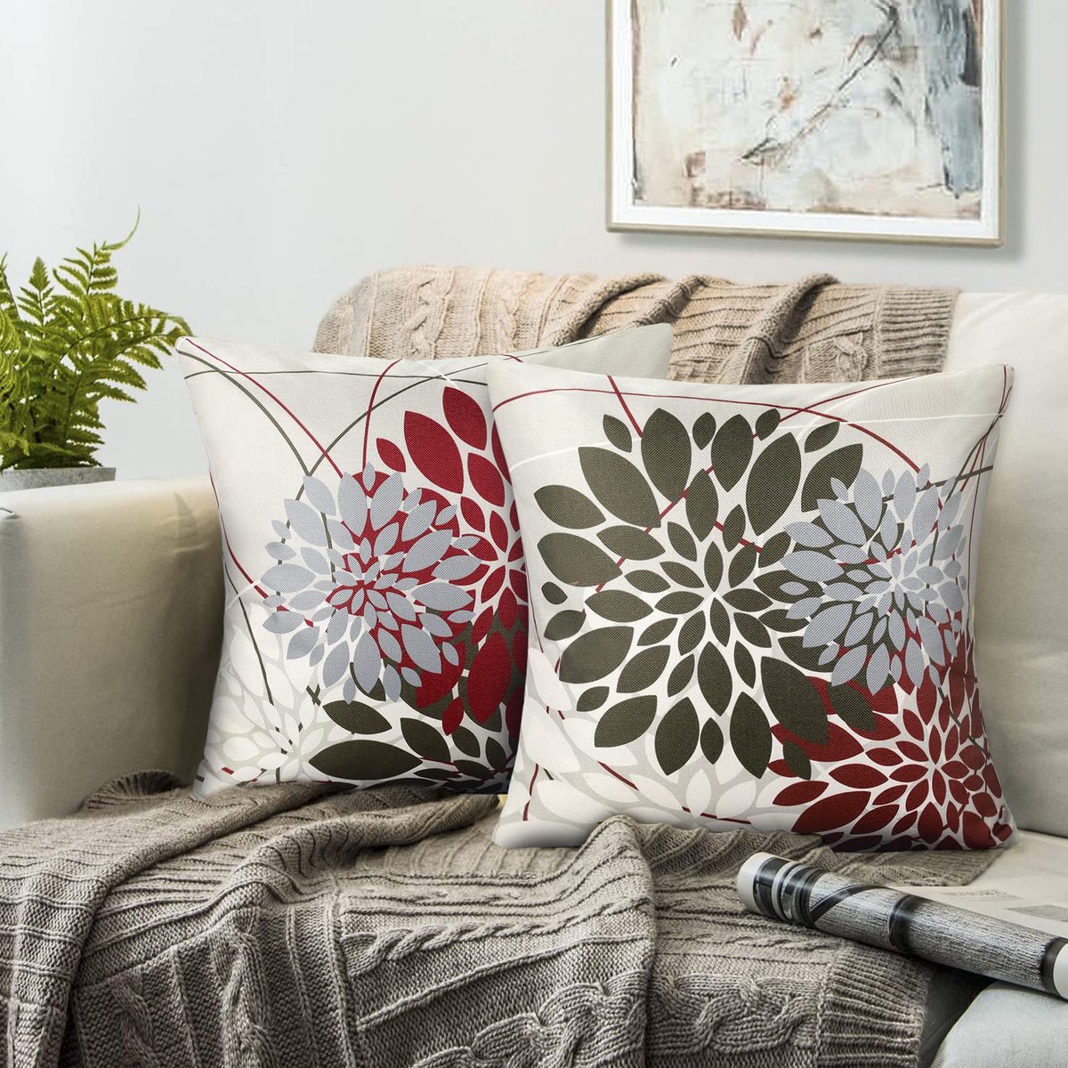 kussenhoezen, bruin en rood, kussensloop 40 x 40 cm, modern, linnen, abstract, geometrisch, bloemen, kussenhoezen, geschikt voor woonkamer, slaapkamer, bank