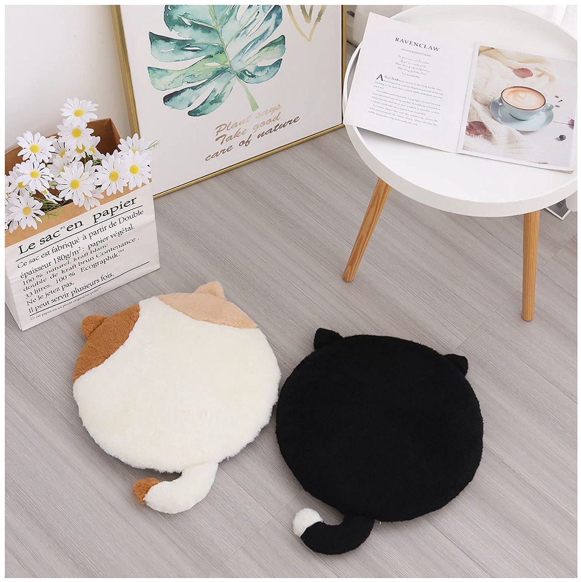 Zitkussen, Pluizig Zacht Rond Kussen Kat vorm Pluche Stoel Pad Decoratieve Zitkussens, Memory Foam Futon Tatami Vloerkussen, voor Stoel kussen, Kantoor, Tatami, Vloer, Zitting. -Zwart wit