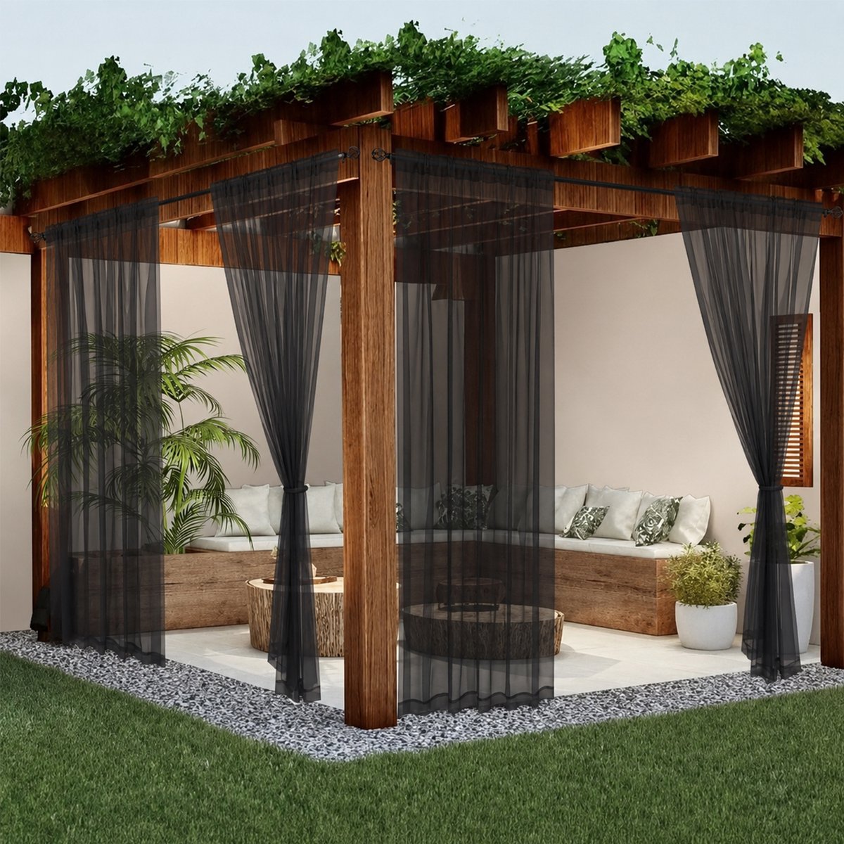 4-Delig Buitengordijn 160x250cm Zwart | Transparant Terrasgordijn voor Veranda & Pergola | Decoratief Vitrage | Zonwering & Verduistering |