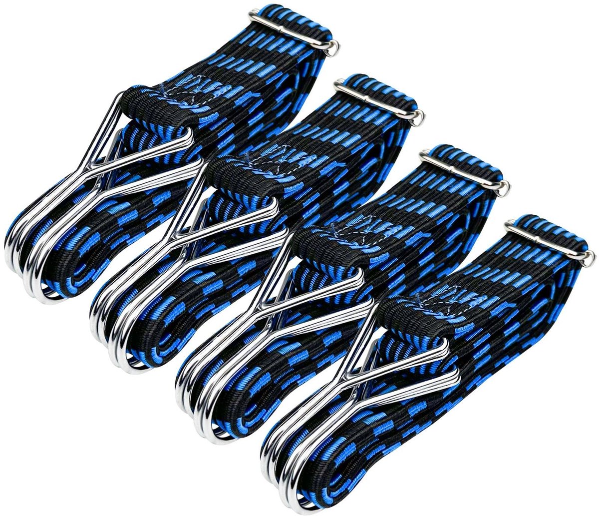 Set van 4 elastische touwen, elastische touwen met haken, elastische riemen met haken, elastische riem, verstelbare bagagedragerspanners, voor camping, auto en fiets, dekzeilen