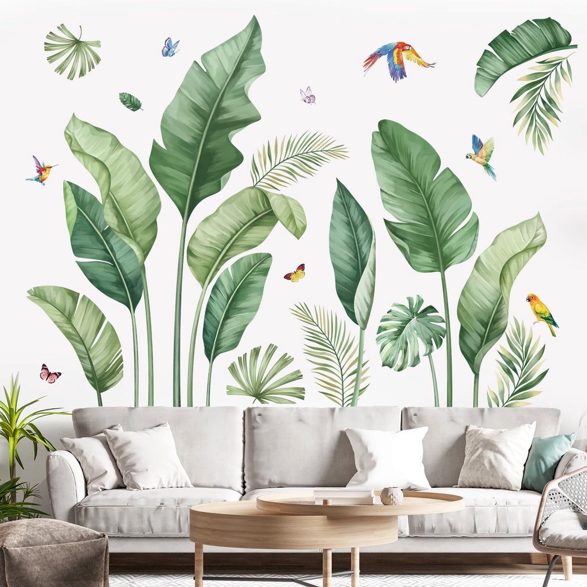 decalmile Tropische Palmbladeren Muurstickers Natuur Bananenblad Groene Planten Vogels Muurkunst Stickers Woonkamer Bank TV Achtergrond Muurdecoratie